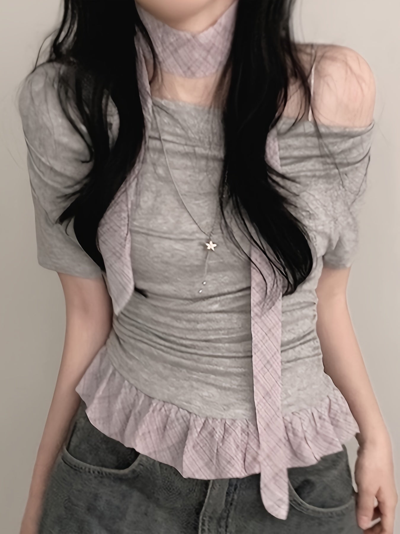 Chic Off-Shoulder Ruffle Trim T-Shirt for Women - Light Blue Gingham Check with White Stripes, Short Sleeve, Ruffle Detail, Perfect for Spring\u002FSummer, Casual Wear Tee|Ruffle Detail Shirt|Glossy Texture