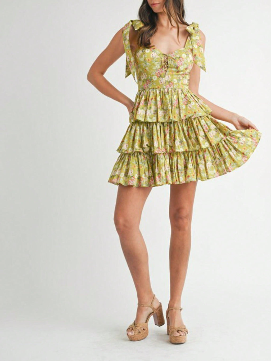 Womens Casual Floral Print Romantic Chic Bow Shoulder Tiered Ruffle Mini Dress Sweetheart Neckline Sleeveless Yellow Green Spring Summer Garden Party Sundress