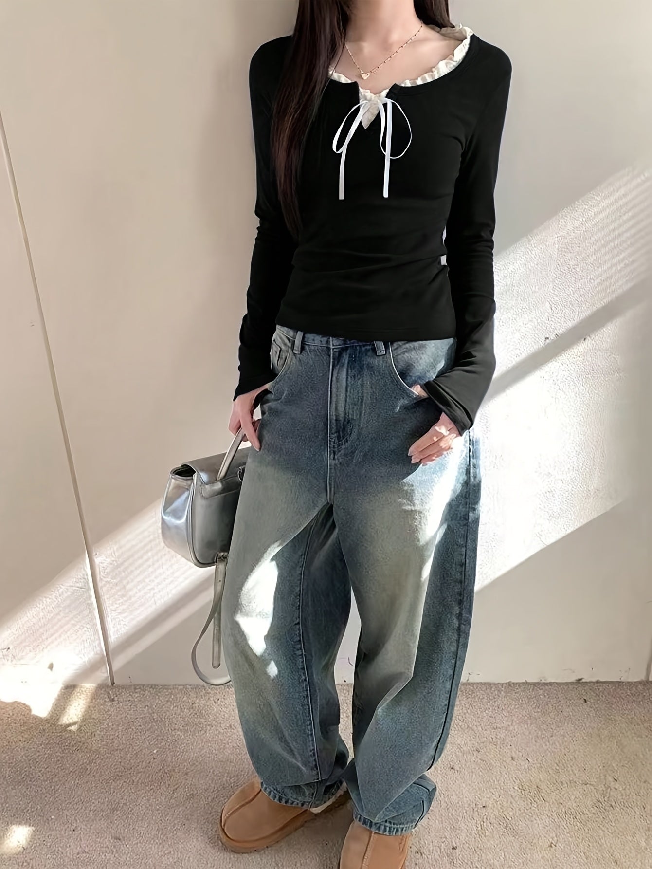 Women'S Slim-Fit Long Sleeve V-Neck Top with Ruffled Trim & Tie Detail - Stretchy Casual Chic Blouse for Spring\u002FFall, Versatile Layering Piece, Spring Fashion Top | Ruffled Trim Top | Stretchy Fabric