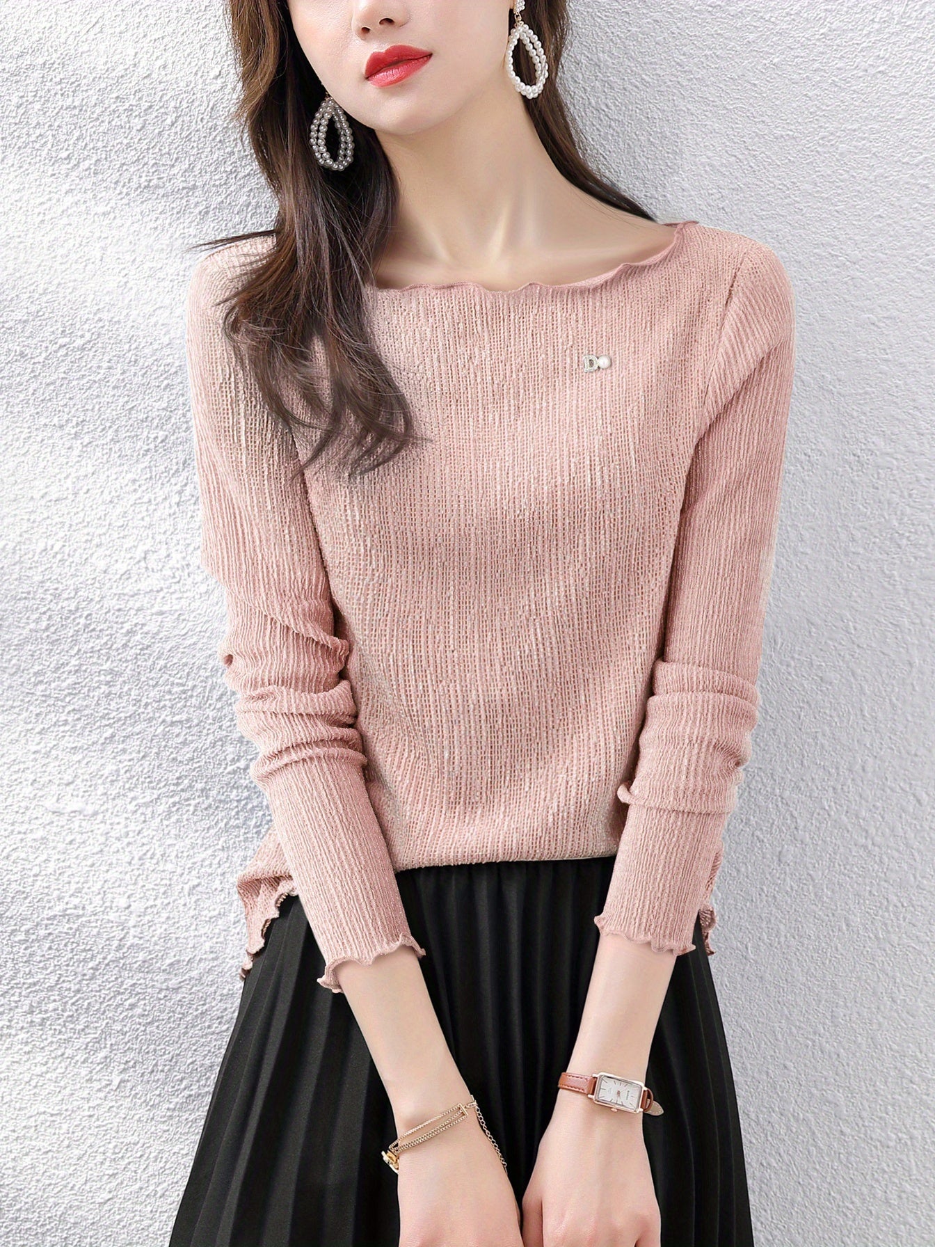 MOHOMO Women'S Long Sleeve T-Shirt - Pink Ribbed with Lace Trim & Bow Detail, Casual Round Neck Top for Spring\u002FSummer, Holiday, Daily Commute, Spring Summer Apparel | Lace Trim Detail | Glossy Texture, Ladies T Shirts