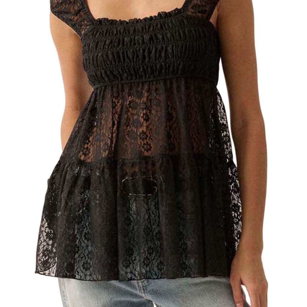 Women's Black Floral Lace Square Neck Blouse - Smocked Cap Sleeve, Semi-Sheer Summer Top, Casual Streetwear for Spring\u002FSummer, Ladies Blouses