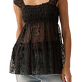 Women's Black Floral Lace Square Neck Blouse - Smocked Cap Sleeve, Semi-Sheer Summer Top, Casual Streetwear for Spring\u002FSummer, Ladies Blouses