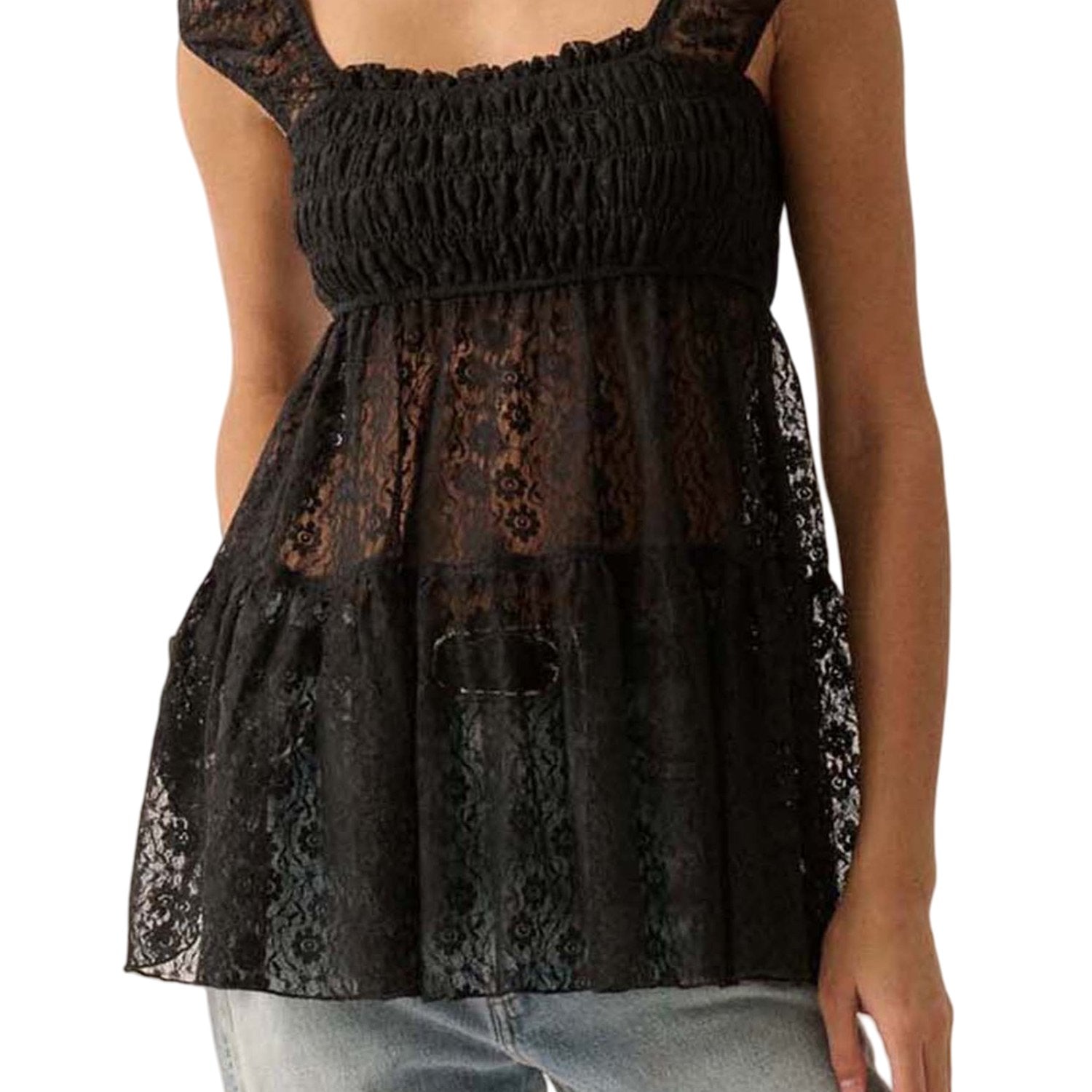 Women's Black Floral Lace Square Neck Blouse - Smocked Cap Sleeve, Semi-Sheer Summer Top, Casual Streetwear for Spring\u002FSummer, Ladies Blouses