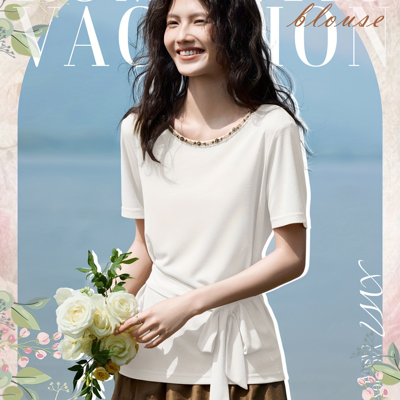 Elegant Waist Tie T-Shirt XWI Women's Elegant Short Sleeve T-Shirt | Spring Summer Casual Top with Waist Tie-Belt Detail, Semi-Sheer Round Neck, H-Line Fit, Machine Washable