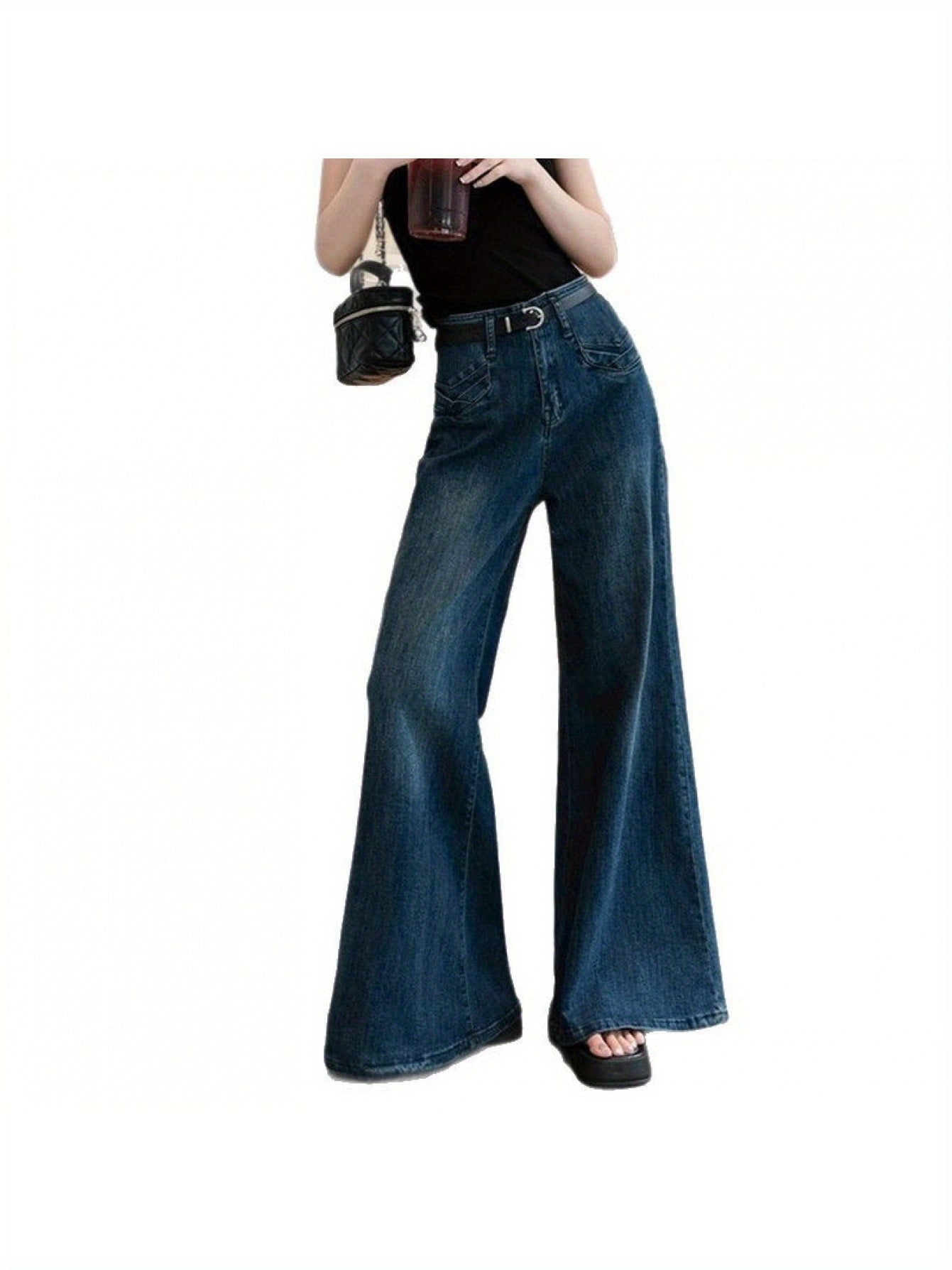 Hong Kong Style Retro Dark Blue Draped Flared Jeans for Women, Spring and Autumn, Petite Loose Wide-Leg Pants, Floor-Length Trousers