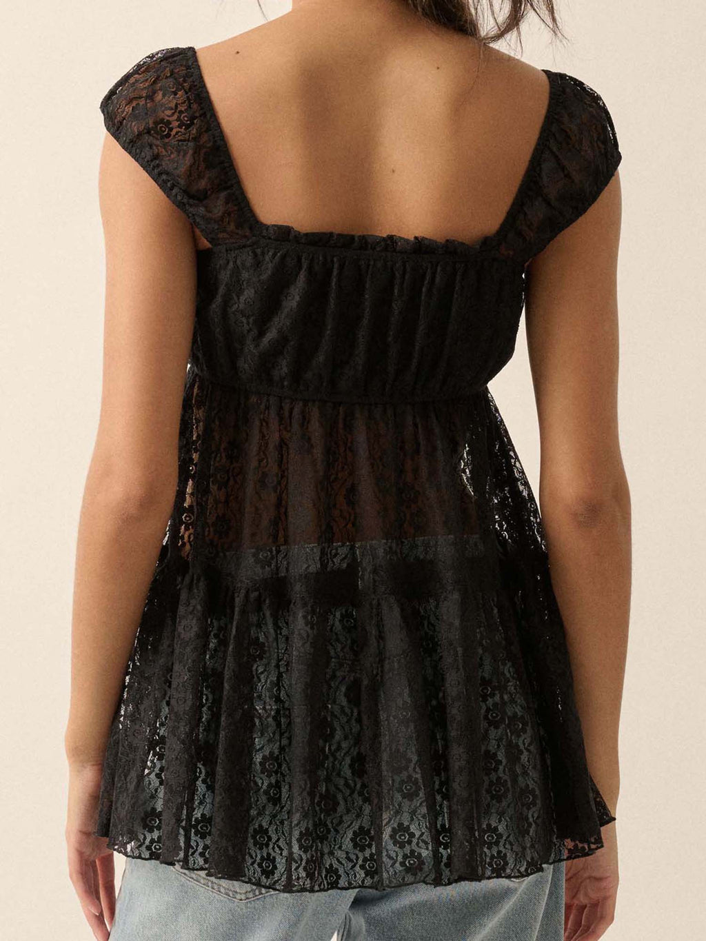 Women's Black Floral Lace Square Neck Blouse - Smocked Cap Sleeve, Semi-Sheer Summer Top, Casual Streetwear for Spring\u002FSummer, Ladies Blouses