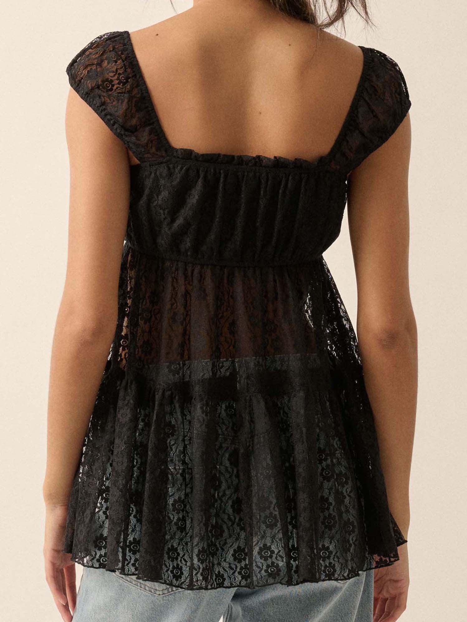 Women's Black Floral Lace Square Neck Blouse - Smocked Cap Sleeve, Semi-Sheer Summer Top, Casual Streetwear for Spring\u002FSummer, Ladies Blouses