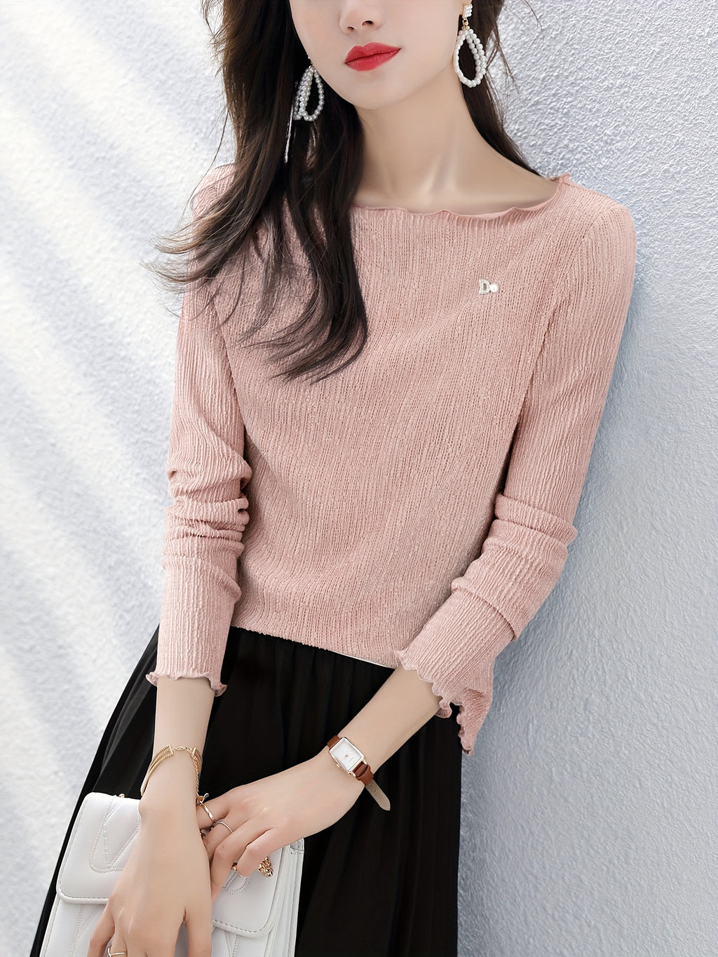 MOHOMO Women'S Long Sleeve T-Shirt - Pink Ribbed with Lace Trim & Bow Detail, Casual Round Neck Top for Spring\u002FSummer, Holiday, Daily Commute, Spring Summer Apparel | Lace Trim Detail | Glossy Texture, Ladies T Shirts
