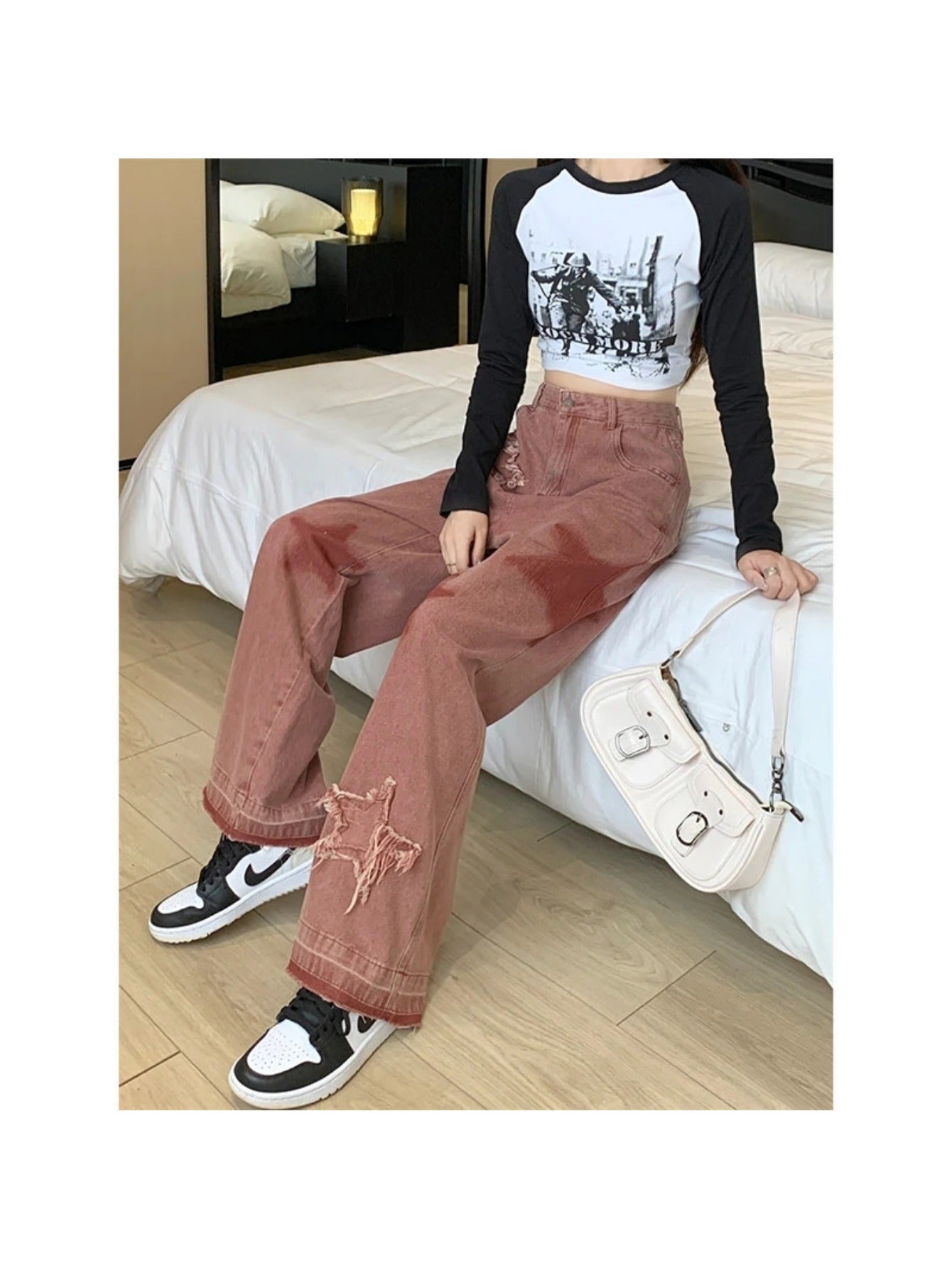 Women's Retro Star Embroidered Color-Block Jeans, Loose Fit with Frayed Hem, Pink & White Two-Tone Design, Versatile Streetwear Style, 100%, Machine Washable, Relaxed Fit Pants | Twotone Denim | Side Pockets Style