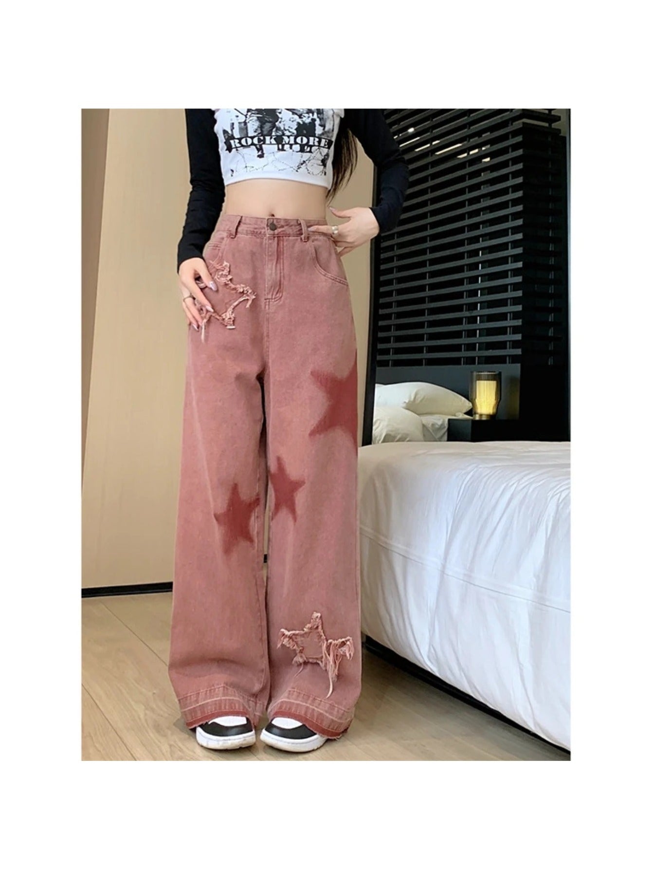 Women's Retro Star Embroidered Color-Block Jeans, Loose Fit with Frayed Hem, Pink & White Two-Tone Design, Versatile Streetwear Style, 100%, Machine Washable, Relaxed Fit Pants | Twotone Denim | Side Pockets Style