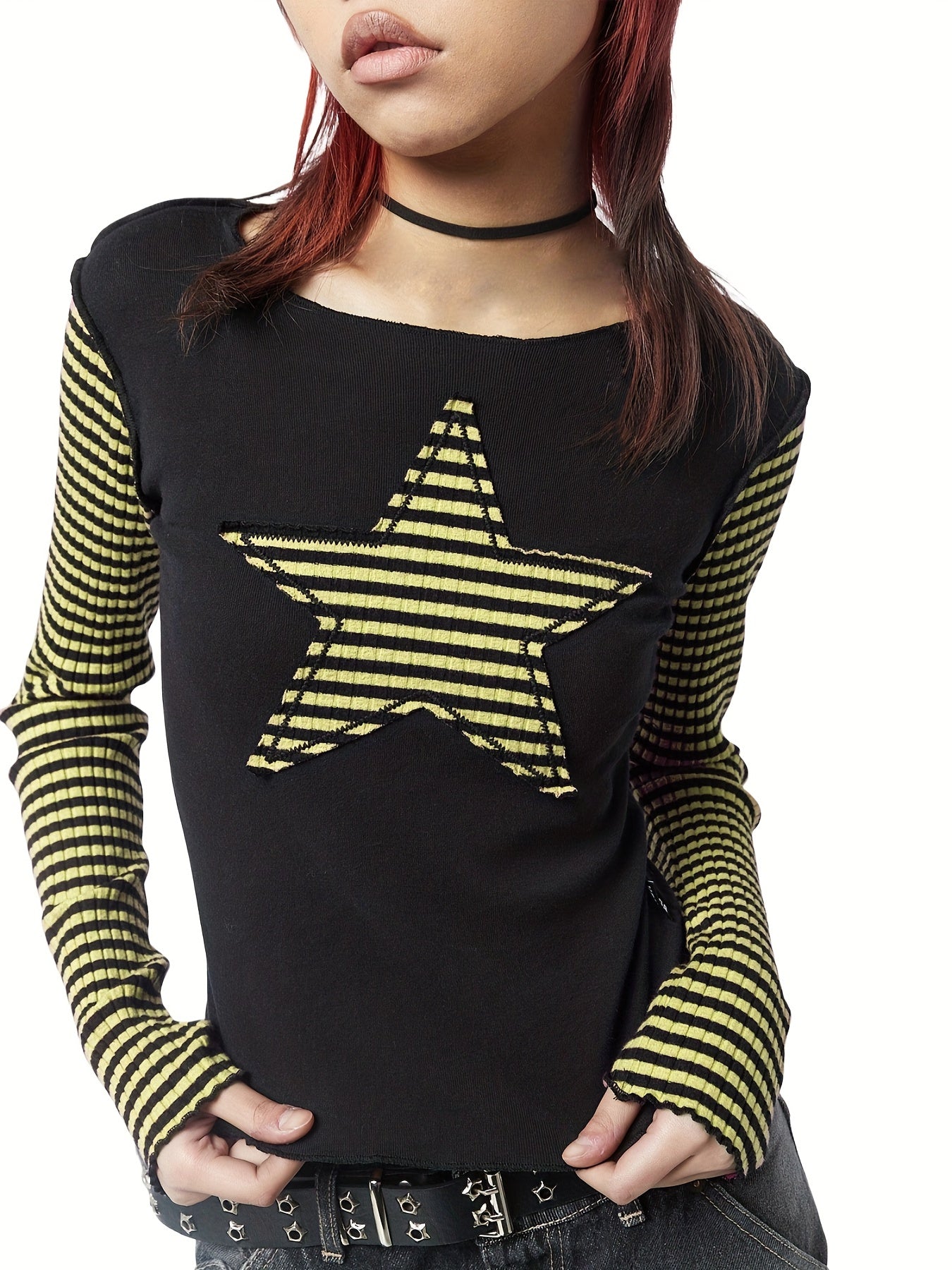 Women's Slim Fit Long Sleeve Crew Neck T-Shirt with Star & Stripes Design - Black & White Casual Top for Casual Attire, Polyester Blend, Machine Washable, Spring Summer Top | Star Stripe Design | Knit Fabric Tee