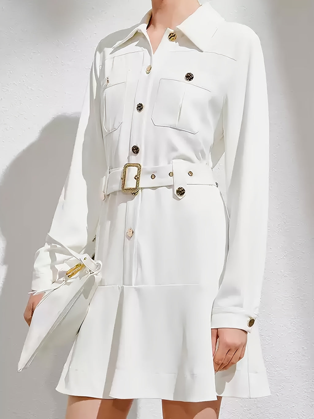 Long-Sleeve White Shirt Dress Elegant Elegant Long-Sleeve White Shirt Dress, Collar, Polyester and Elastane Blend, Machine Washable - Perfect for Spring\u002FAutumn