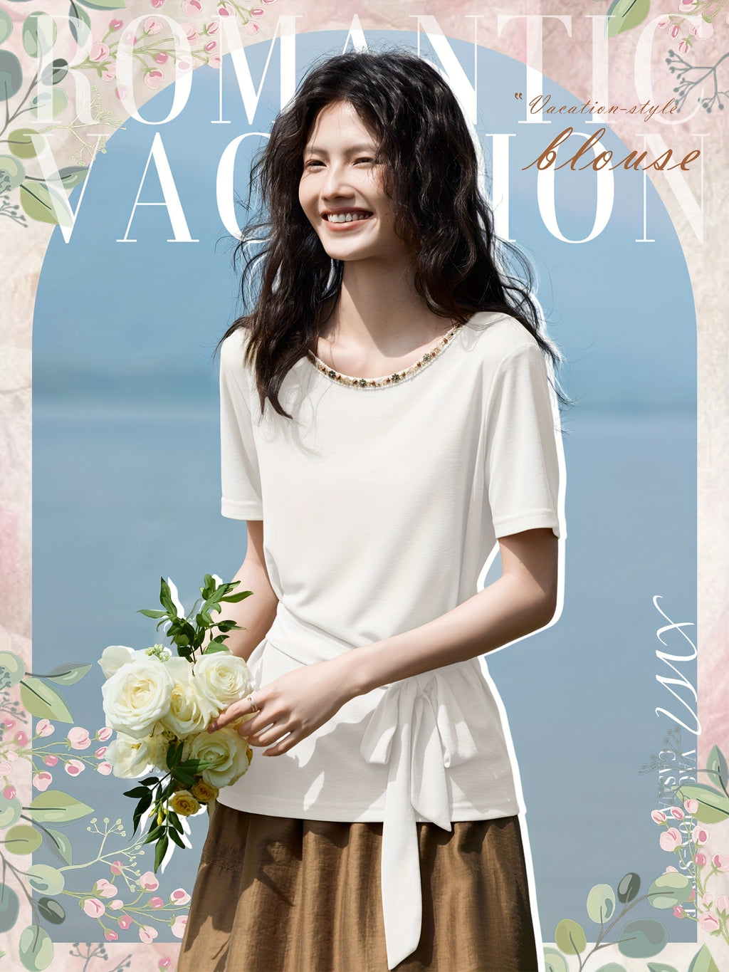 Elegant Waist Tie T-Shirt XWI Women's Elegant Short Sleeve T-Shirt | Spring Summer Casual Top with Waist Tie-Belt Detail, Semi-Sheer Round Neck, H-Line Fit, Machine Washable