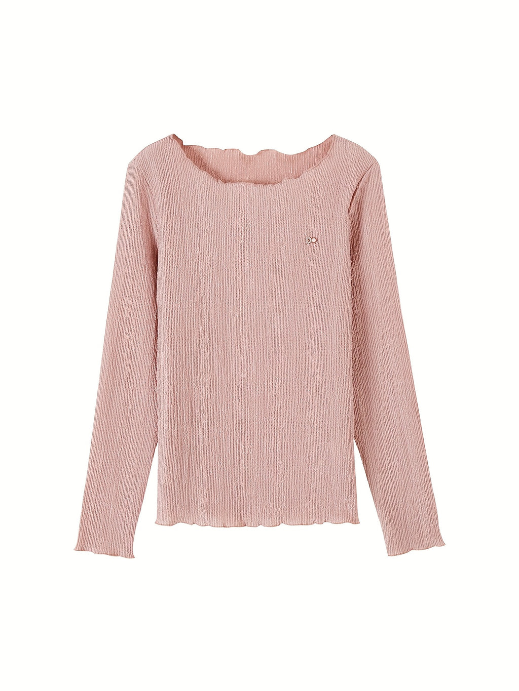 MOHOMO Women'S Long Sleeve T-Shirt - Pink Ribbed with Lace Trim & Bow Detail, Casual Round Neck Top for Spring\u002FSummer, Holiday, Daily Commute, Spring Summer Apparel | Lace Trim Detail | Glossy Texture, Ladies T Shirts