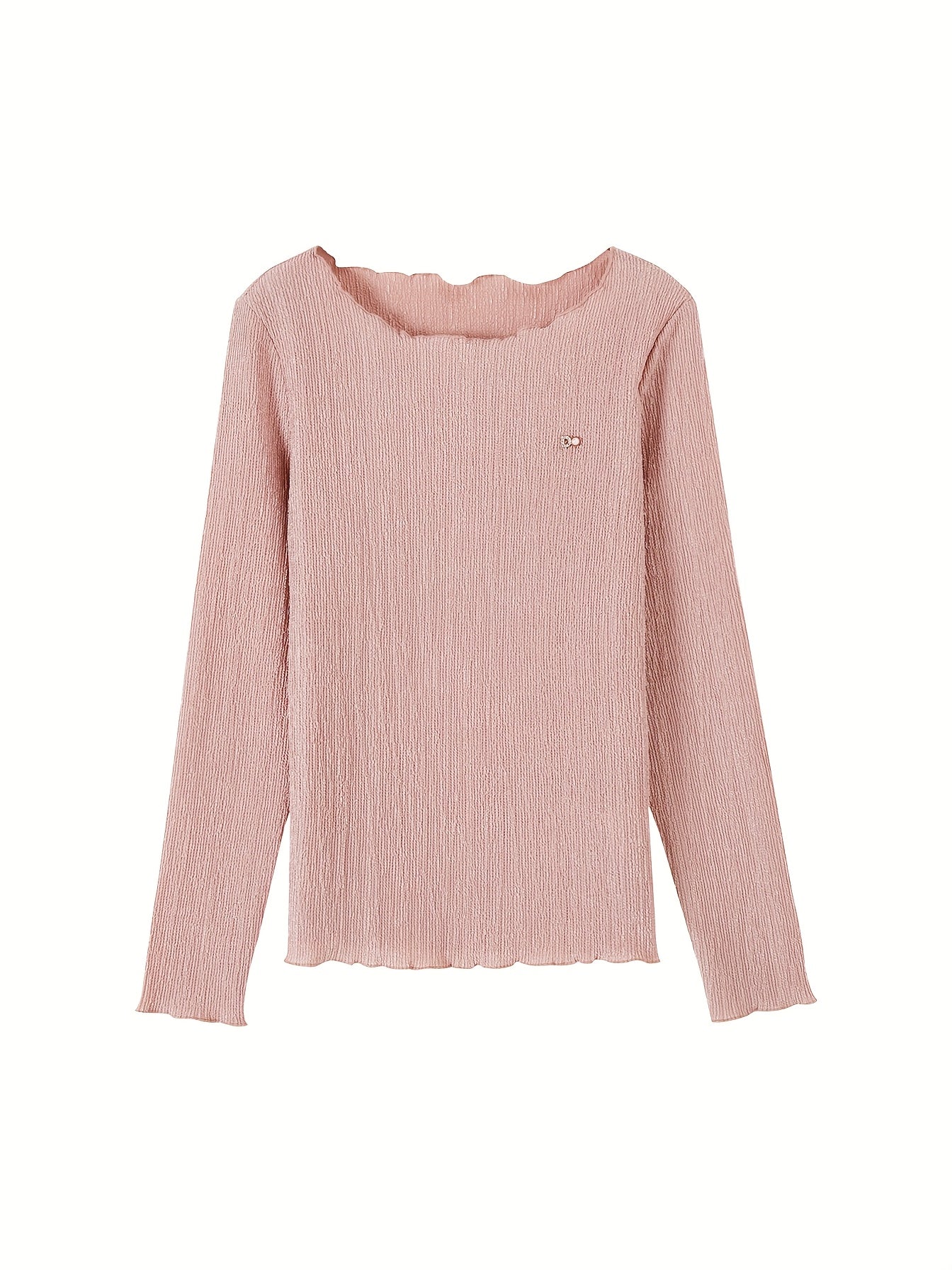 MOHOMO Women'S Long Sleeve T-Shirt - Pink Ribbed with Lace Trim & Bow Detail, Casual Round Neck Top for Spring\u002FSummer, Holiday, Daily Commute, Spring Summer Apparel | Lace Trim Detail | Glossy Texture, Ladies T Shirts