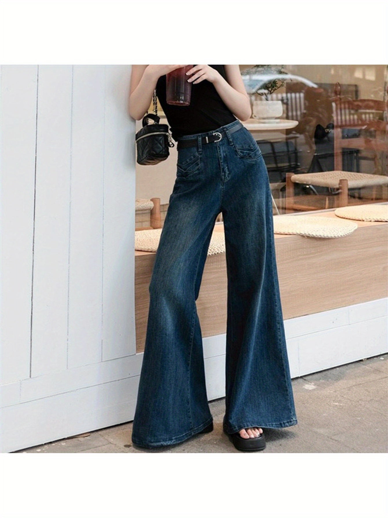 Hong Kong Style Retro Dark Blue Draped Flared Jeans for Women, Spring and Autumn, Petite Loose Wide-Leg Pants, Floor-Length Trousers