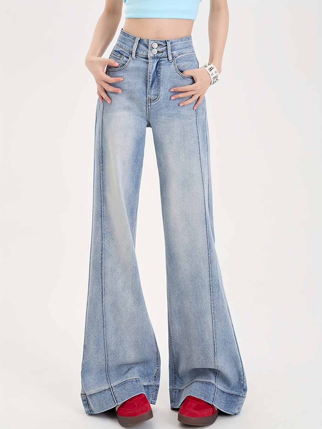 2025 New Season Women's Relaxed Fit Wide Leg Denim Jeans - Soft Stretch Vintage Streetwear Style Pants with Subtle Embroidery & Light Distressing, Machine Washable for Spring Summer Fall Casual Comfort, Everyday Fashion, Stretchy Fabric