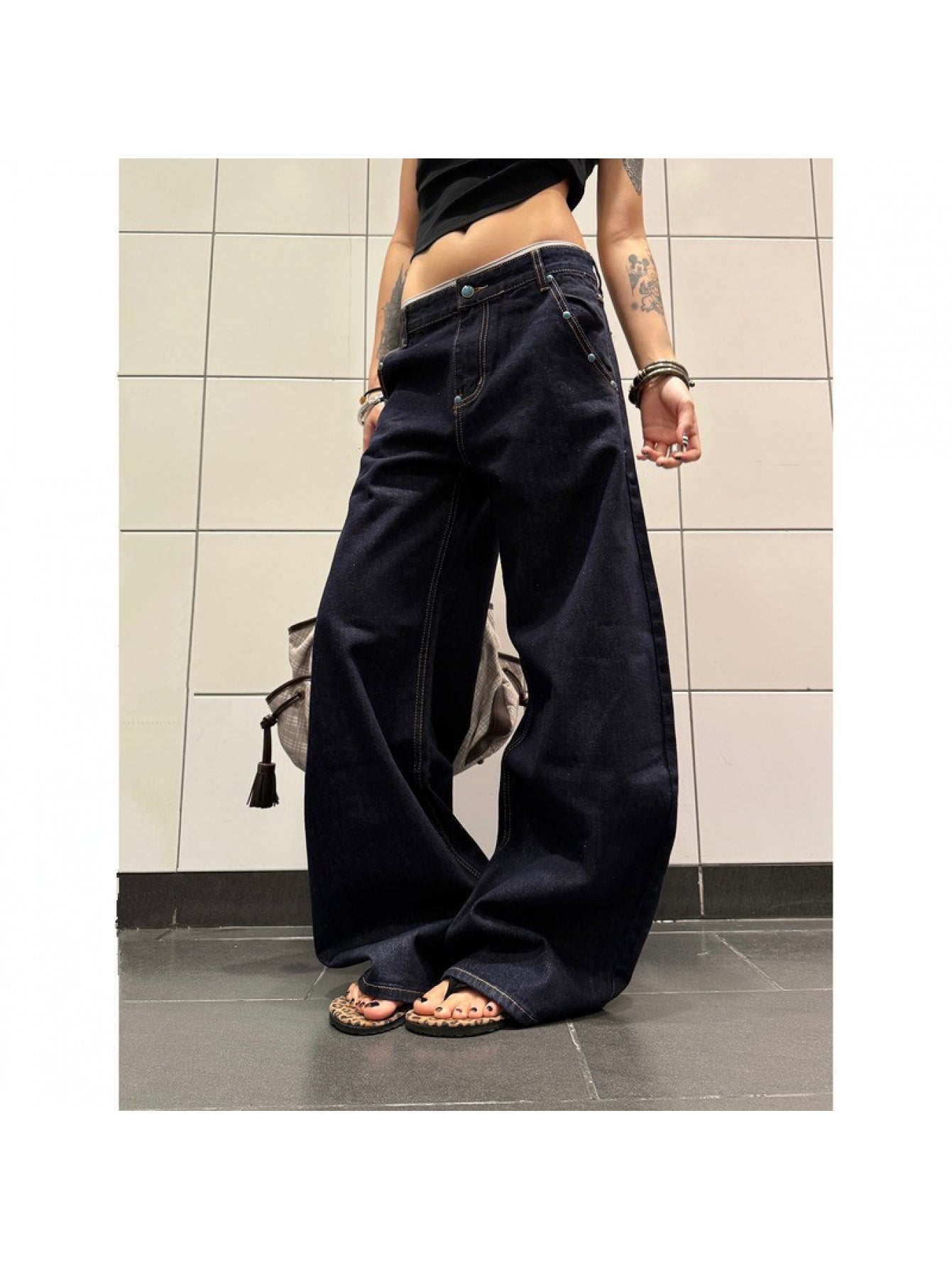 Women's High-Waisted Retro Turquoise Scimitar Jeans - A-Line Straight Wide-Leg Stretch Denim Pants with Beltless Design & Built-In Zipper Closure, All-Season Casual to Semi-Formal Wear, Machine Washable (Original Color, Unisex Style)