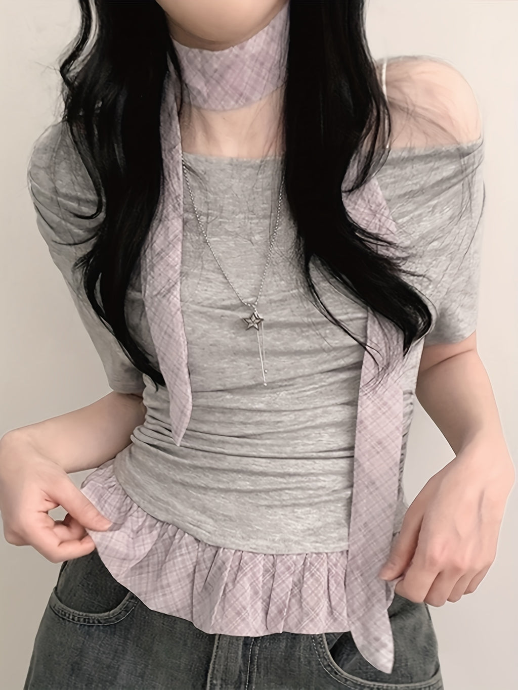 Chic Off-Shoulder Ruffle Trim T-Shirt for Women - Light Blue Gingham Check with White Stripes, Short Sleeve, Ruffle Detail, Perfect for Spring\u002FSummer, Casual Wear Tee|Ruffle Detail Shirt|Glossy Texture