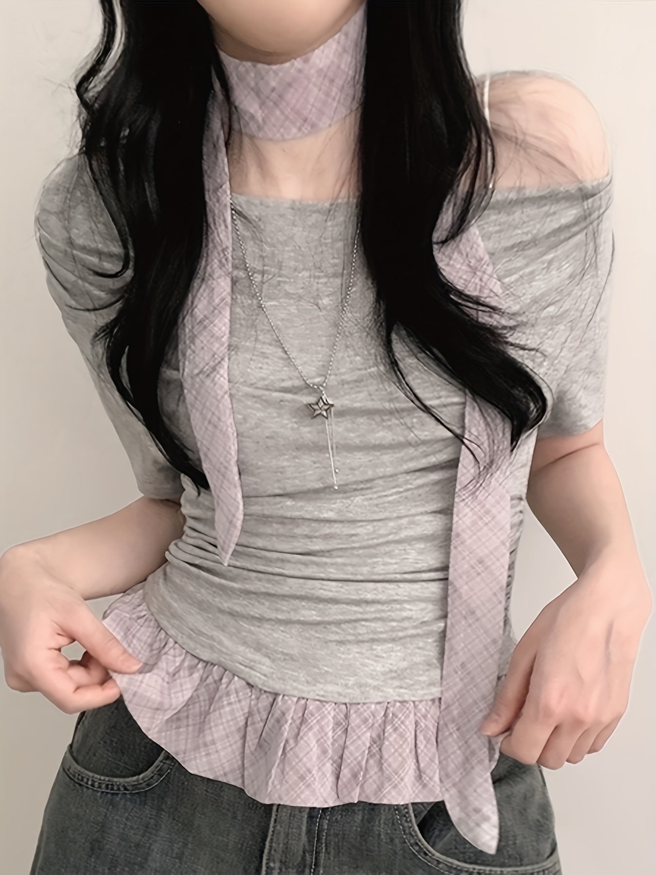 Chic Off-Shoulder Ruffle Trim T-Shirt for Women - Light Blue Gingham Check with White Stripes, Short Sleeve, Ruffle Detail, Perfect for Spring\u002FSummer, Casual Wear Tee|Ruffle Detail Shirt|Glossy Texture