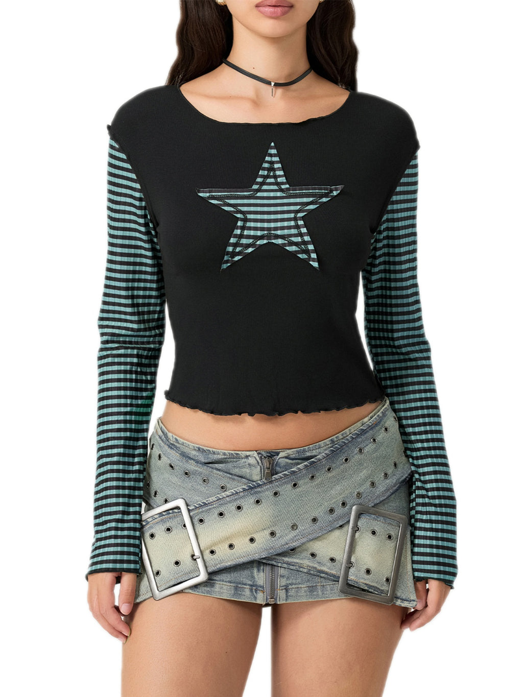 Women's Slim Fit Long Sleeve Crew Neck T-Shirt with Star & Stripes Design - Black & White Casual Top for Casual Attire, Polyester Blend, Machine Washable, Spring Summer Top | Star Stripe Design | Knit Fabric Tee