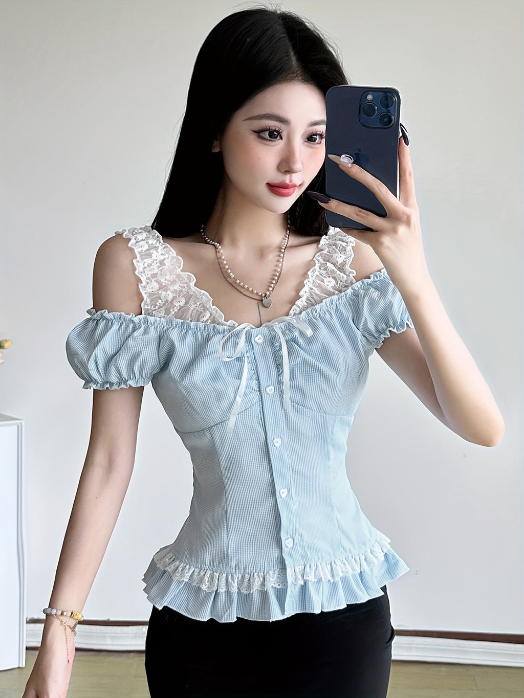 SassyGals Women's French-Inspired Elegant Ruffled Sleeve & Faux Peplum Hem T-Shirt - Light Blue Grid Pattern, Stretchy Polyester\u002FElastane Blend, Waist-Cinching Top for Summer Casual & Semi-Formal Outfits