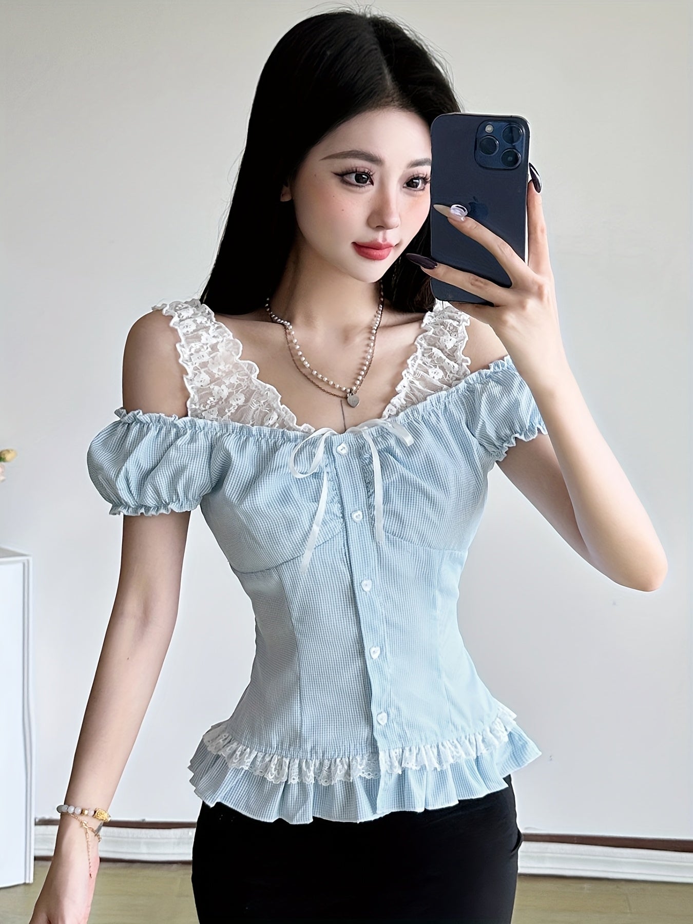 SassyGals Women's French-Inspired Elegant Ruffled Sleeve & Faux Peplum Hem T-Shirt - Light Blue Grid Pattern, Stretchy Polyester\u002FElastane Blend, Waist-Cinching Top for Summer Casual & Semi-Formal Outfits