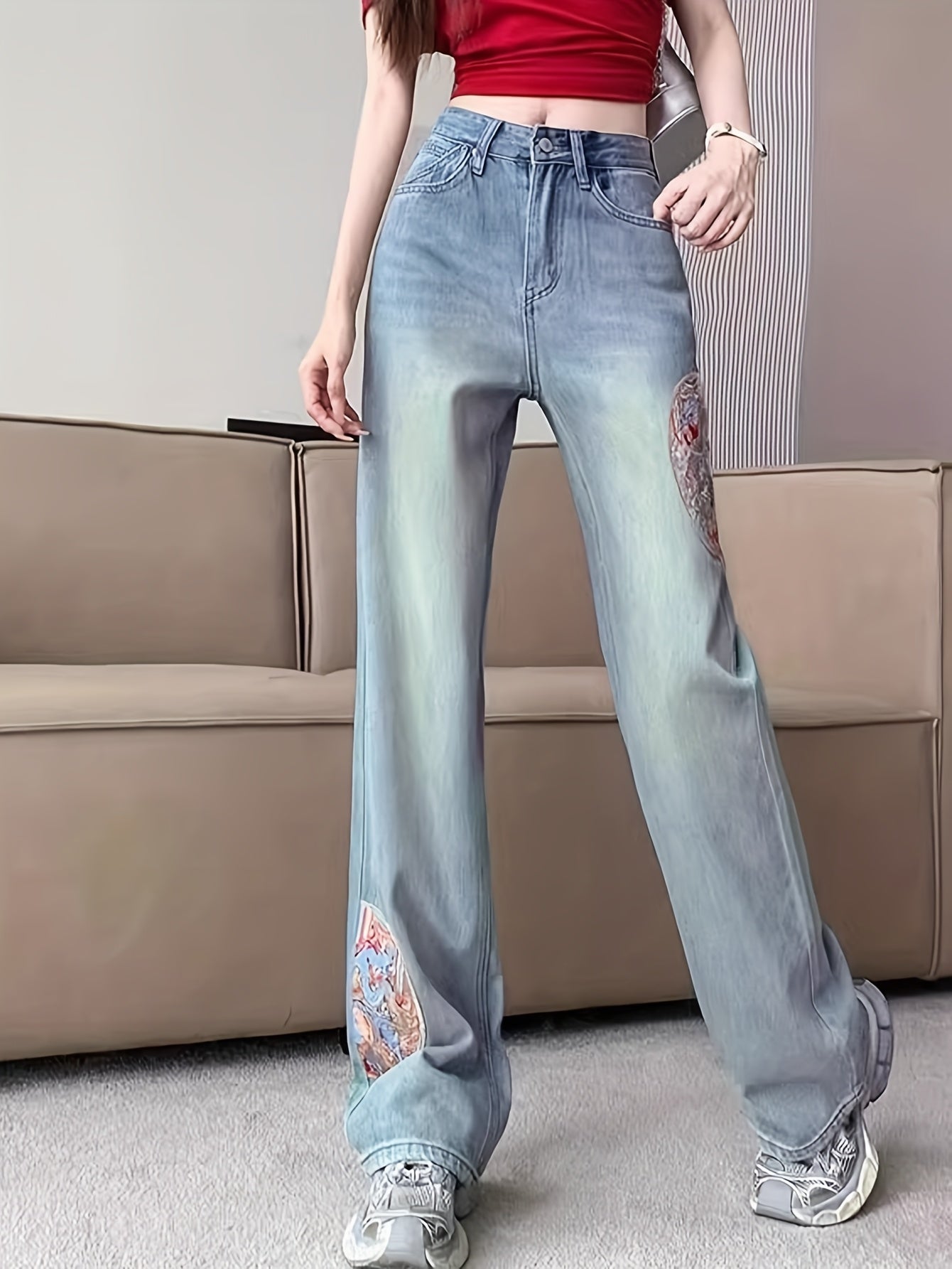 Y2K Aesthetic 2025 Summer & Autumn Women'S High Waist Vintage Wide Leg Jeans - 90s Retro Stretch Denim Pants with Artistic Embroidery, Destroyed Hem & Distressed Wash for Trendy Street Style Outfits