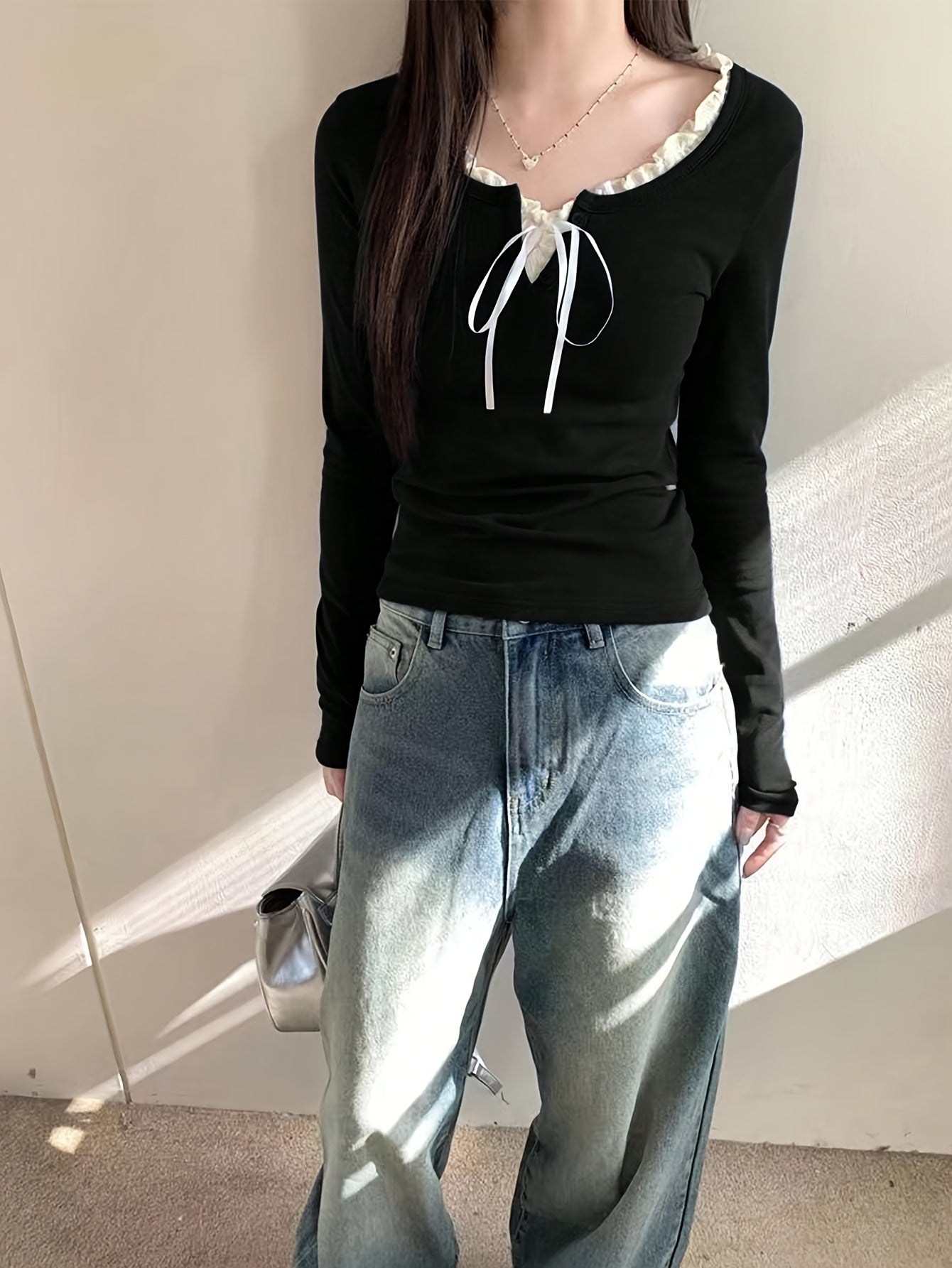 Women'S Slim-Fit Long Sleeve V-Neck Top with Ruffled Trim & Tie Detail - Stretchy Casual Chic Blouse for Spring\u002FFall, Versatile Layering Piece, Spring Fashion Top | Ruffled Trim Top | Stretchy Fabric