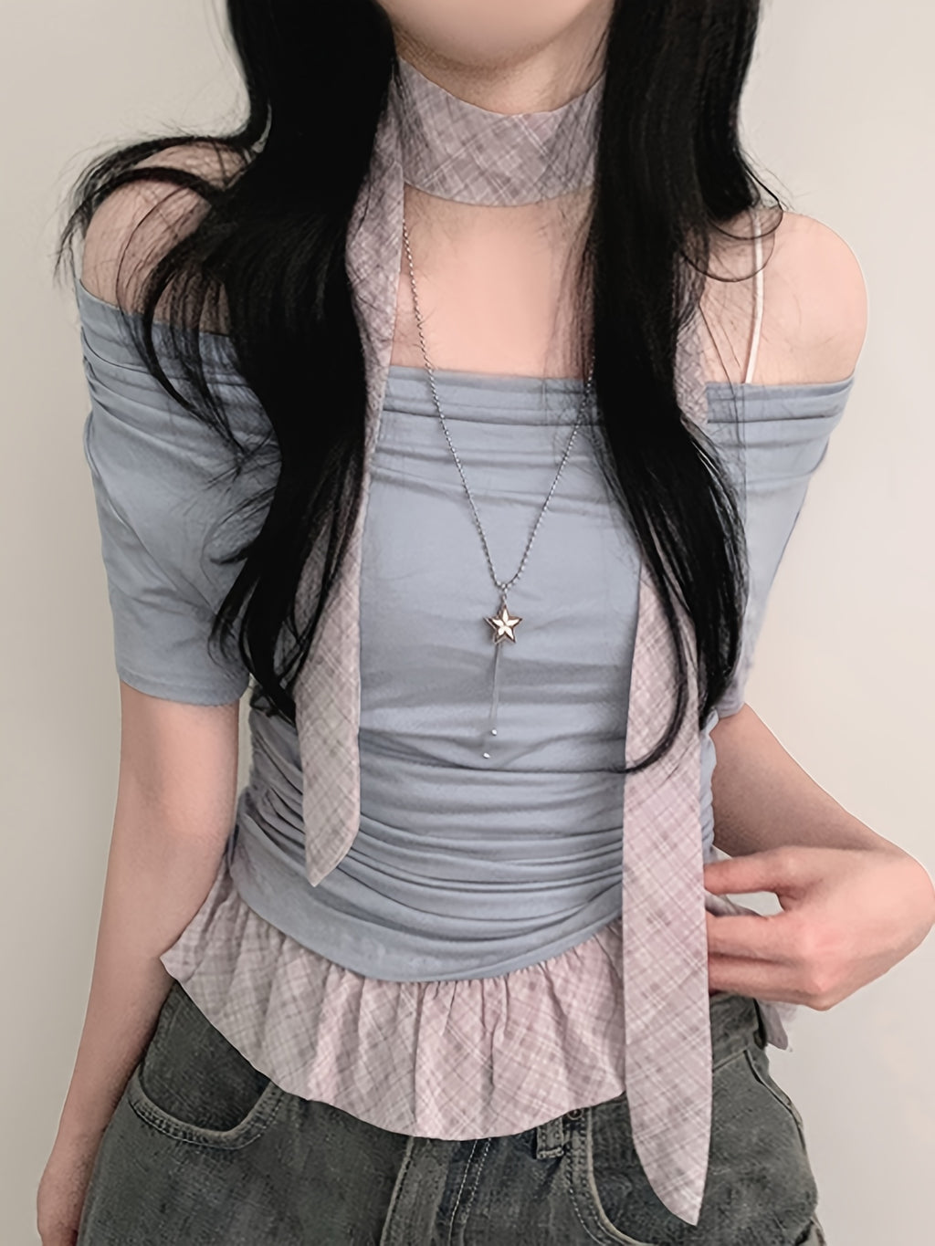 Chic Off-Shoulder Ruffle Trim T-Shirt for Women - Light Blue Gingham Check with White Stripes, Short Sleeve, Ruffle Detail, Perfect for Spring\u002FSummer, Casual Wear Tee|Ruffle Detail Shirt|Glossy Texture