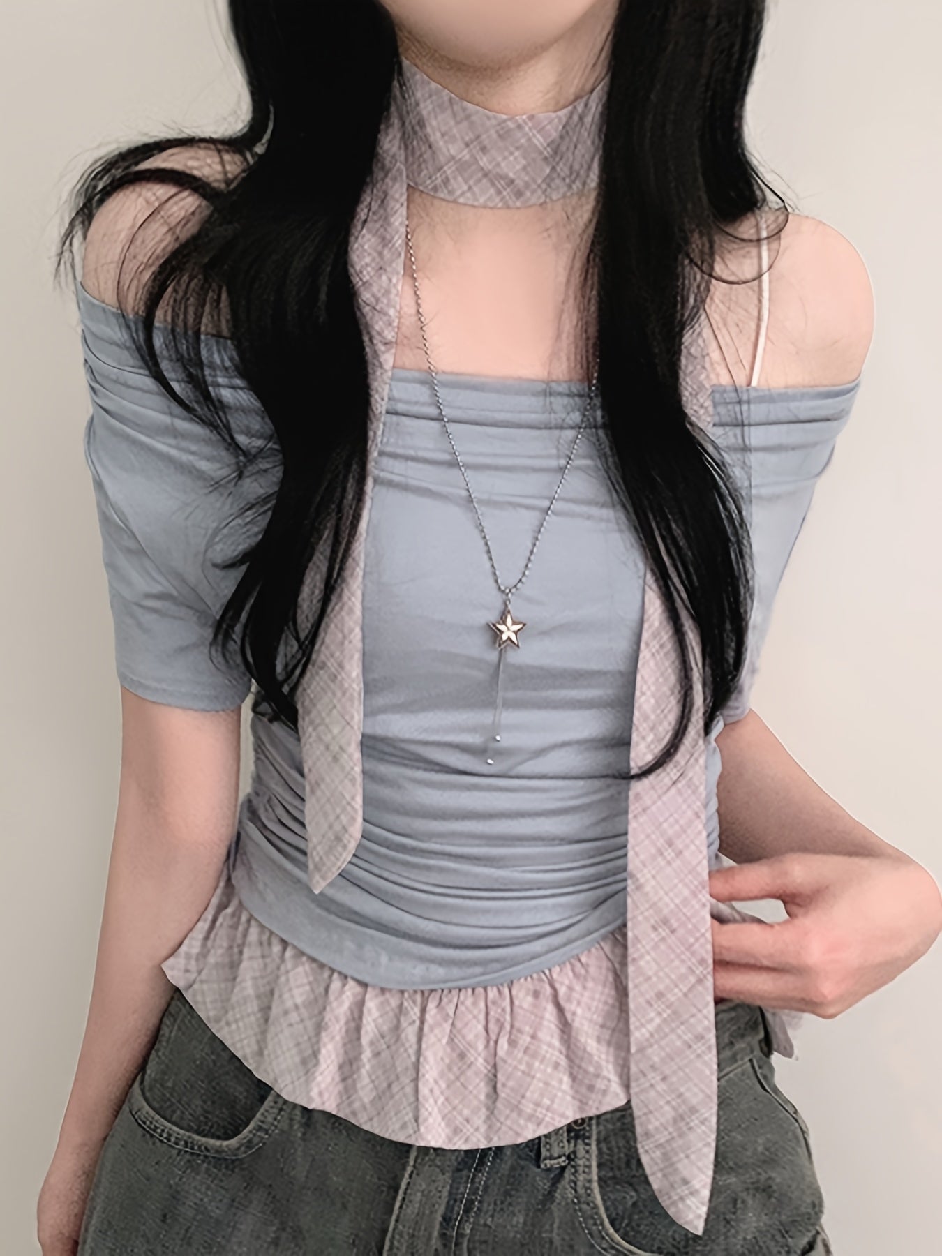 Chic Off-Shoulder Ruffle Trim T-Shirt for Women - Light Blue Gingham Check with White Stripes, Short Sleeve, Ruffle Detail, Perfect for Spring\u002FSummer, Casual Wear Tee|Ruffle Detail Shirt|Glossy Texture