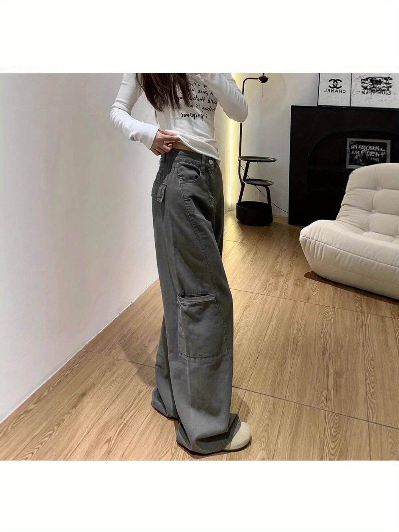 Gray Wide-Leg Cargo Pants for Women, Summer New Style, Plus Size, Loose Fit, Pear-Shaped Body, Straight-Leg Jeans