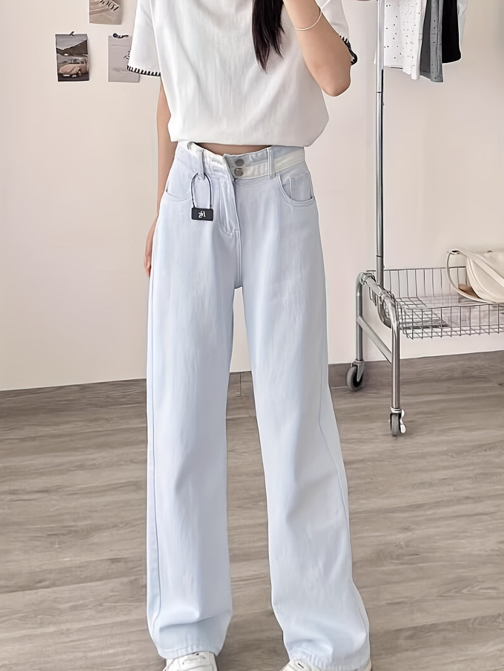 Retro Blue Distressed Women'S Jeans - High-Rise Loose Straight Cut, Frayed Hem Design, Casual 90s Style & Long Flow Y2K Denim Pants, All-Season Comfort, High Waist Jeans, Everyday Jeans, Y2K Fashion, Distressed Jeans