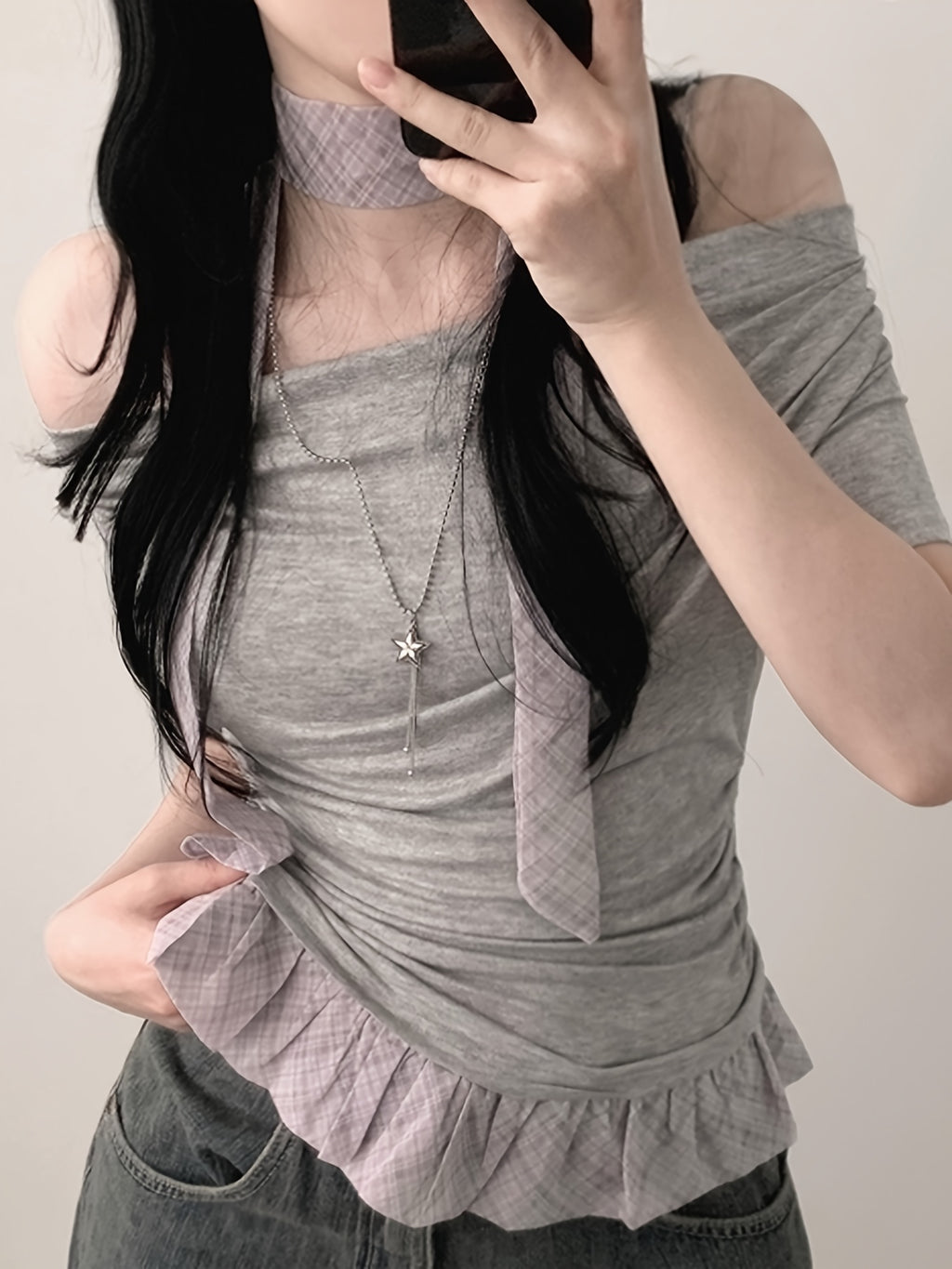 Chic Off-Shoulder Ruffle Trim T-Shirt for Women - Light Blue Gingham Check with White Stripes, Short Sleeve, Ruffle Detail, Perfect for Spring\u002FSummer, Casual Wear Tee|Ruffle Detail Shirt|Glossy Texture