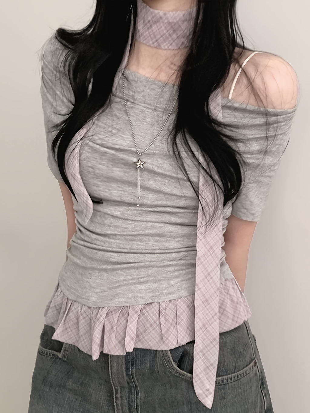 Chic Off-Shoulder Ruffle Trim T-Shirt for Women - Light Blue Gingham Check with White Stripes, Short Sleeve, Ruffle Detail, Perfect for Spring\u002FSummer, Casual Wear Tee|Ruffle Detail Shirt|Glossy Texture