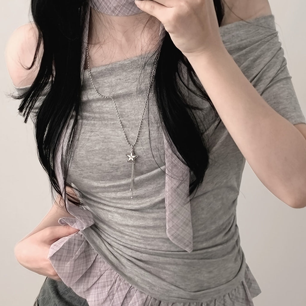 Chic Off-Shoulder Ruffle Trim T-Shirt for Women - Light Blue Gingham Check with White Stripes, Short Sleeve, Ruffle Detail, Perfect for Spring\u002FSummer, Casual Wear Tee|Ruffle Detail Shirt|Glossy Texture