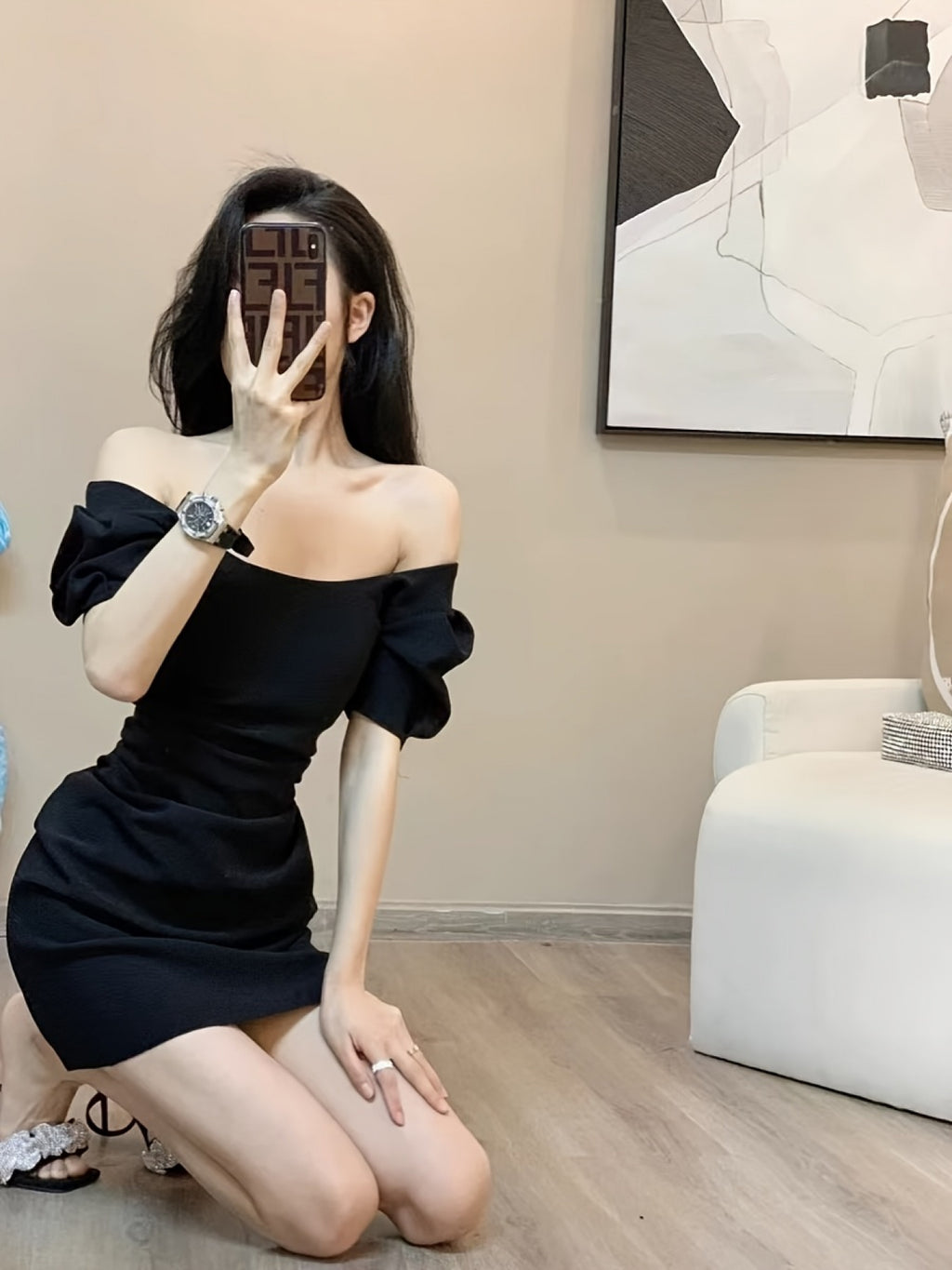 Women's Elegant Black Formal\u002FParty\u002FOffice Dress - Square Neck, H-Silhouette, Chic Evening Outfits for Women, Party Attire, Puff Sleeve Design, Smooth Fabric, Bodycon Silhouette, Fashion Lovers