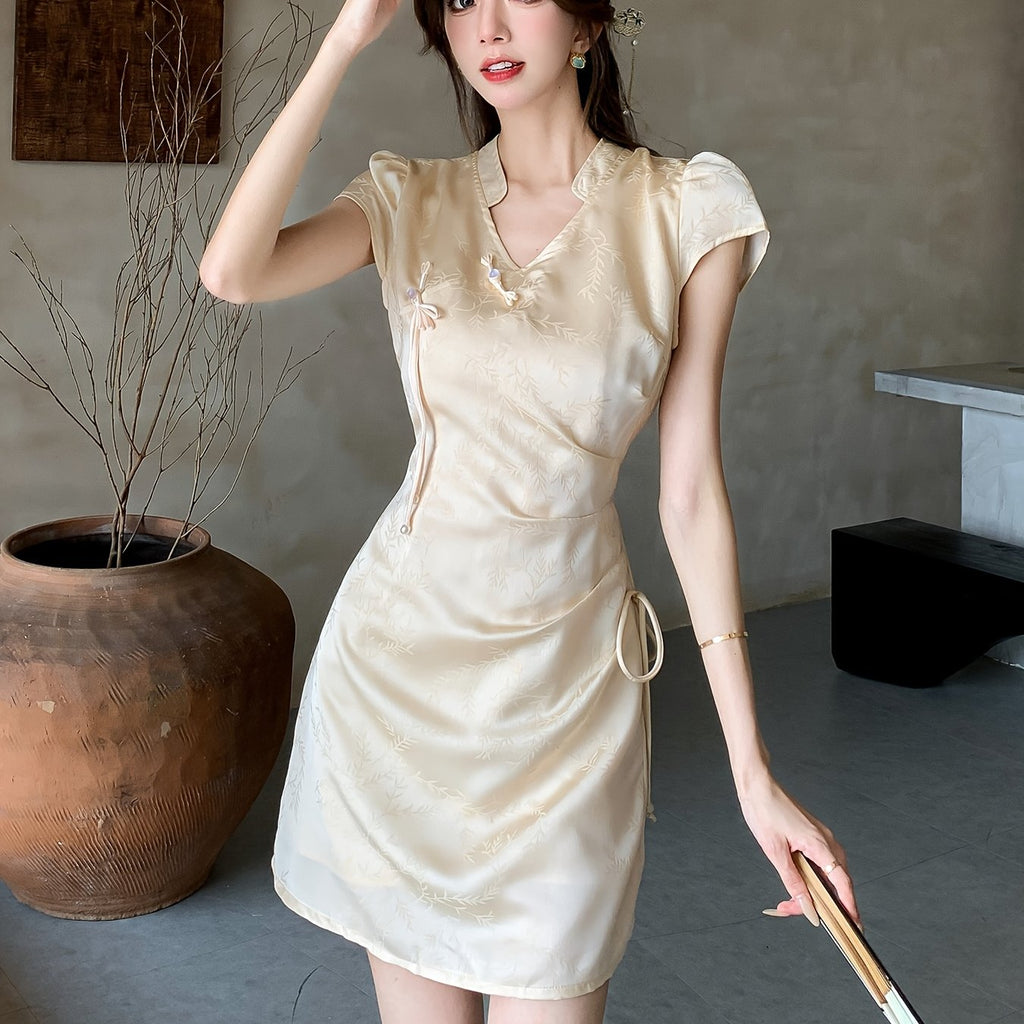 Jacquard Satin Lace-Up Drawstring Elegant Dress