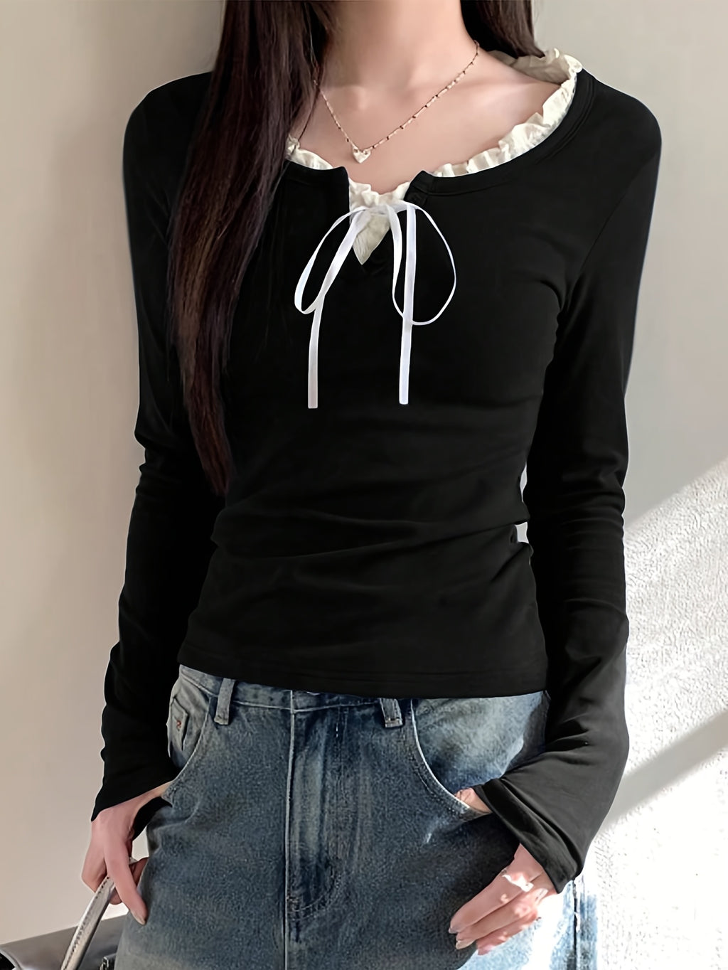 Women'S Slim-Fit Long Sleeve V-Neck Top with Ruffled Trim & Tie Detail - Stretchy Casual Chic Blouse for Spring\u002FFall, Versatile Layering Piece, Spring Fashion Top | Ruffled Trim Top | Stretchy Fabric