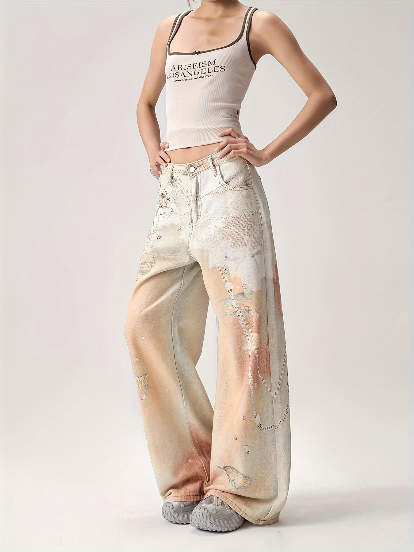 Women'S Retro Wide Leg Jeans with Star & Heart Print - Light Beige, Loose Fit, Non-Stretch Fabric, Casual Summer Style, All-Season Comfort, Comfortable Fashion | Vintage Style Jeans | Nonstretch Fabric