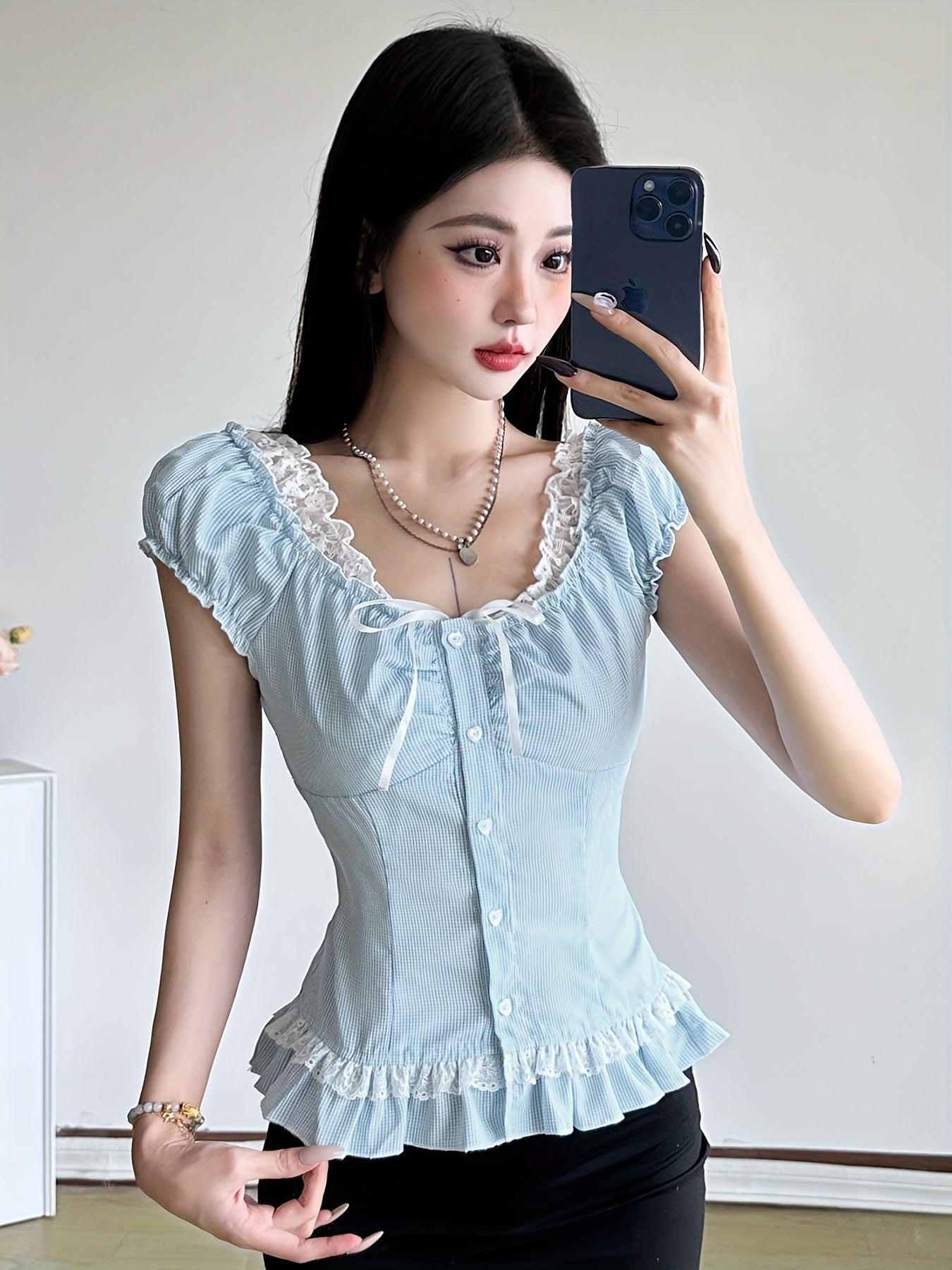 SassyGals Women's French-Inspired Elegant Ruffled Sleeve & Faux Peplum Hem T-Shirt - Light Blue Grid Pattern, Stretchy Polyester\u002FElastane Blend, Waist-Cinching Top for Summer Casual & Semi-Formal Outfits