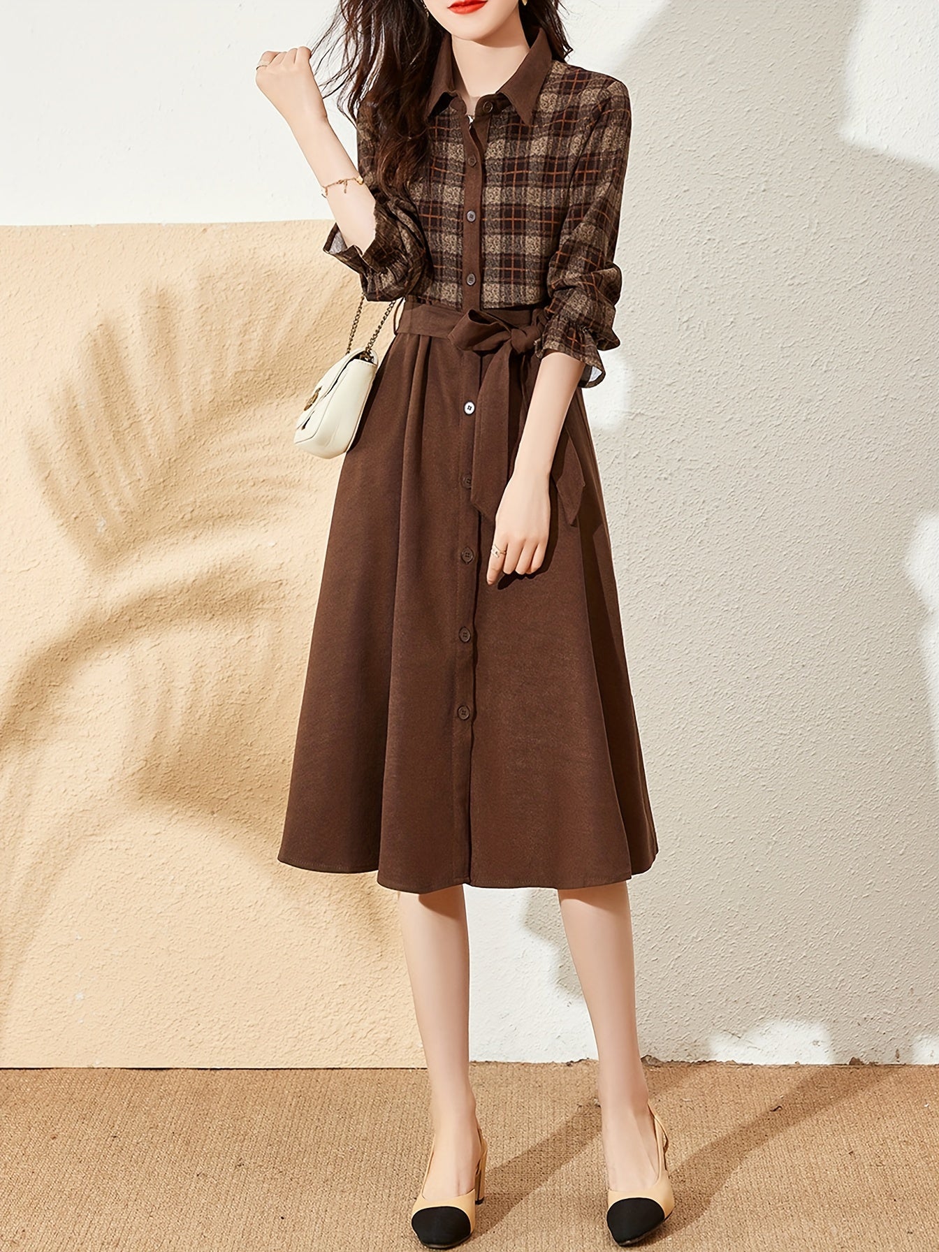 Elegant Skater Dress MOHO&MO Elegant Plaid Lapel Collar Long Sleeve Skater Dress | Polyester Blend Knee-High Sheath Silhouette, Fall\u002FWinter Collection - Middle East Exclusive