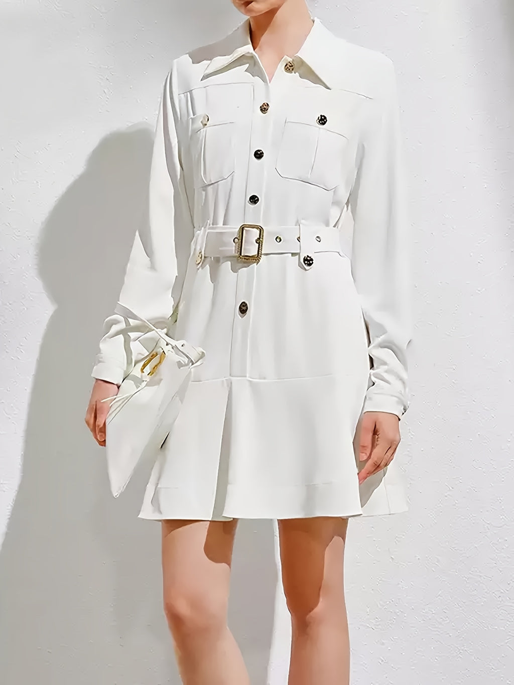 Long-Sleeve White Shirt Dress Elegant Elegant Long-Sleeve White Shirt Dress, Collar, Polyester and Elastane Blend, Machine Washable - Perfect for Spring\u002FAutumn