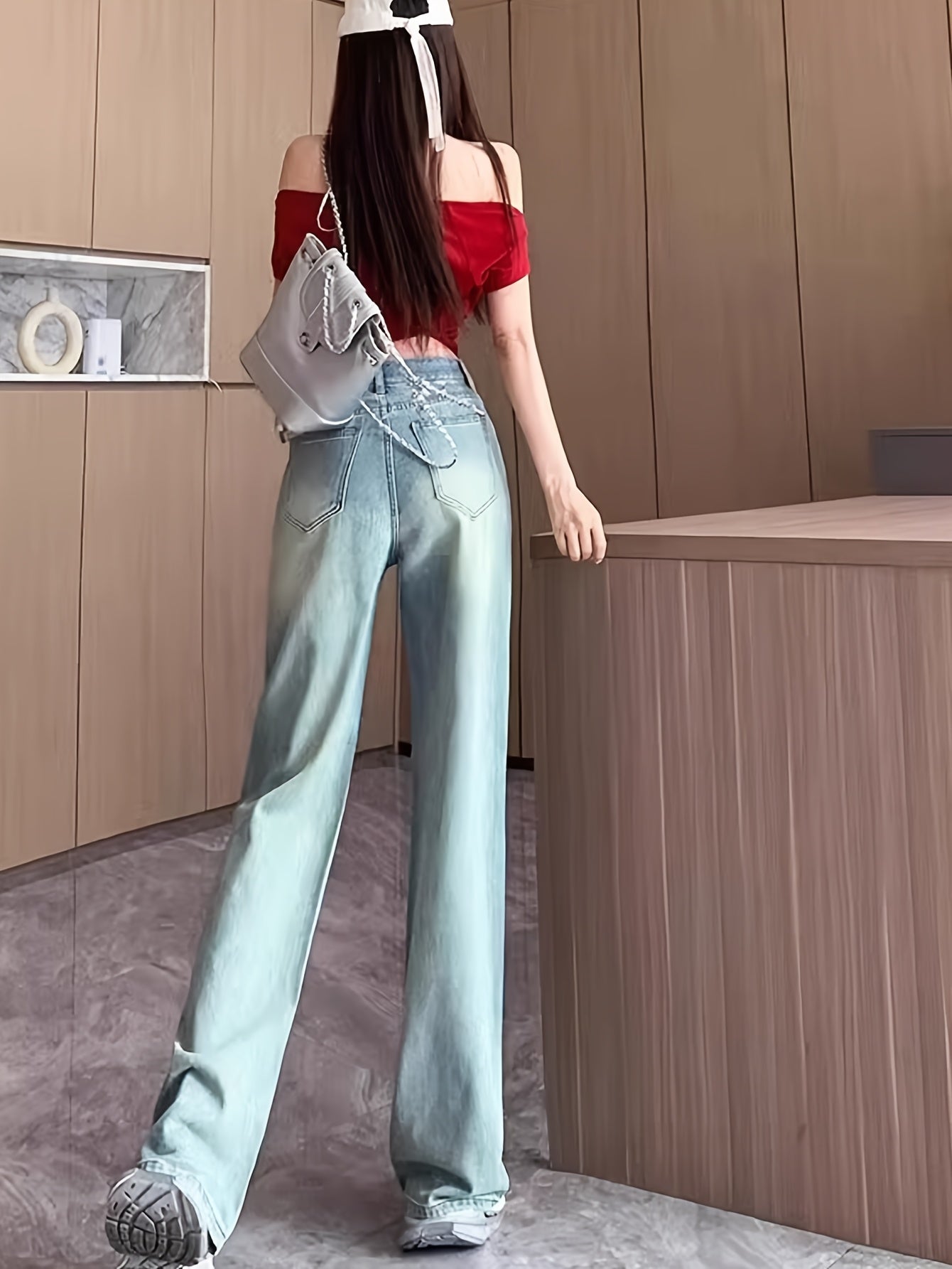 Y2K Aesthetic 2025 Summer & Autumn Women'S High Waist Vintage Wide Leg Jeans - 90s Retro Stretch Denim Pants with Artistic Embroidery, Destroyed Hem & Distressed Wash for Trendy Street Style Outfits