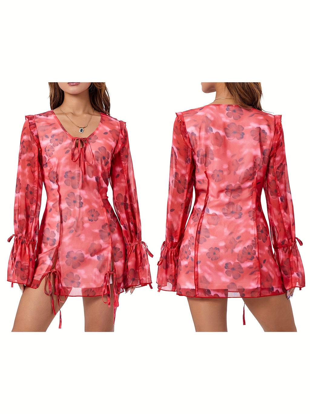 Elegant Floral Print Mini Dress for Women - V-Neck, Long Sleeve with Tie-Front Detail & Split Hem, Lightweight Polyester - Perfect for Spring\u002FSummer Casual or Clubwear, Cute Dress