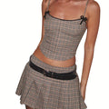 1 Set Chic Plaid Polyester 2pcs Women'S Outfit - Off the Shoulder Tie-Back Camisole Top with Mini Pleated Skirt for Spring\u002FSummer Streetwear