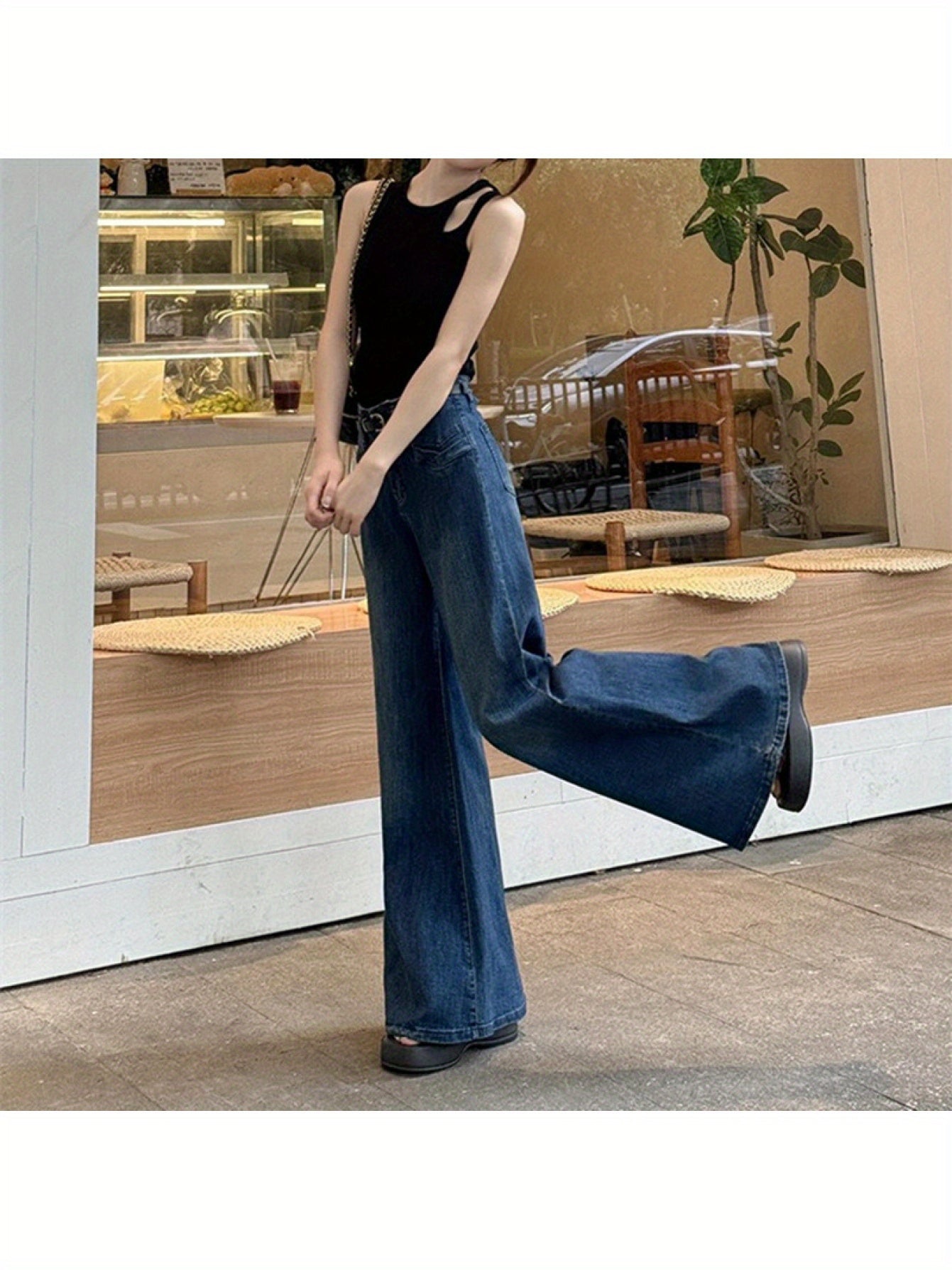 Hong Kong Style Retro Dark Blue Draped Flared Jeans for Women, Spring and Autumn, Petite Loose Wide-Leg Pants, Floor-Length Trousers