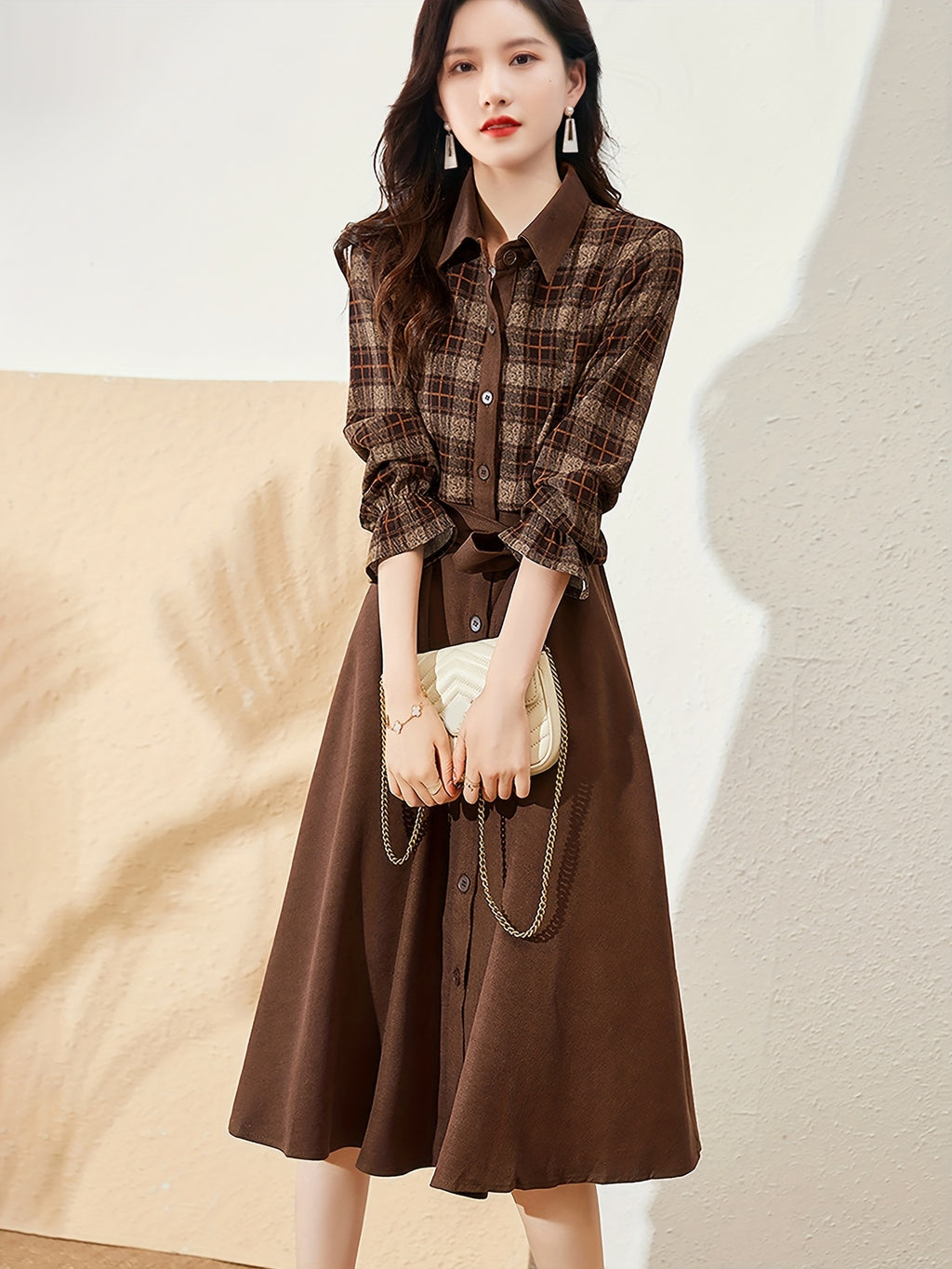 Elegant Skater Dress MOHO&MO Elegant Plaid Lapel Collar Long Sleeve Skater Dress | Polyester Blend Knee-High Sheath Silhouette, Fall\u002FWinter Collection - Middle East Exclusive