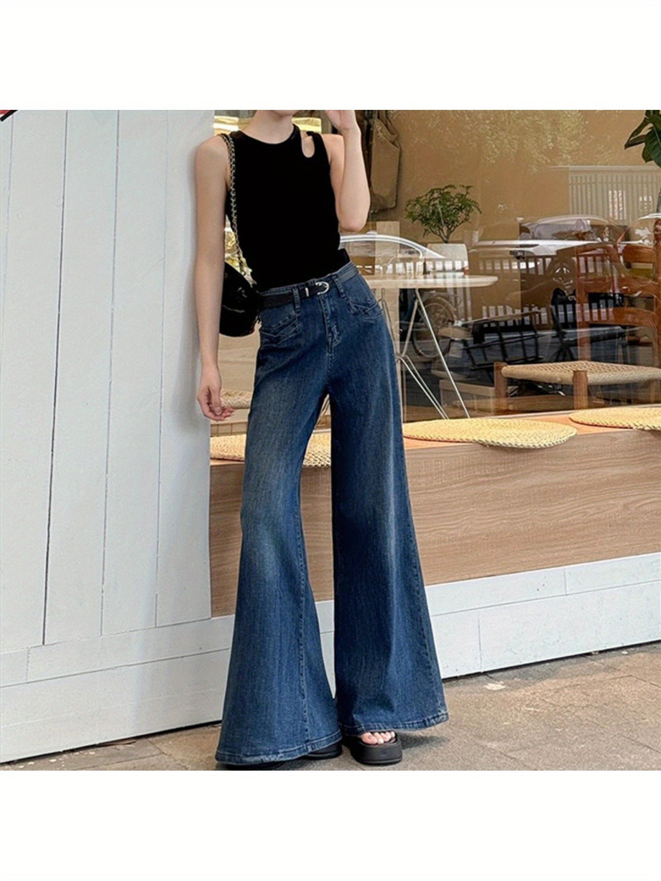 Hong Kong Style Retro Dark Blue Draped Flared Jeans for Women, Spring and Autumn, Petite Loose Wide-Leg Pants, Floor-Length Trousers