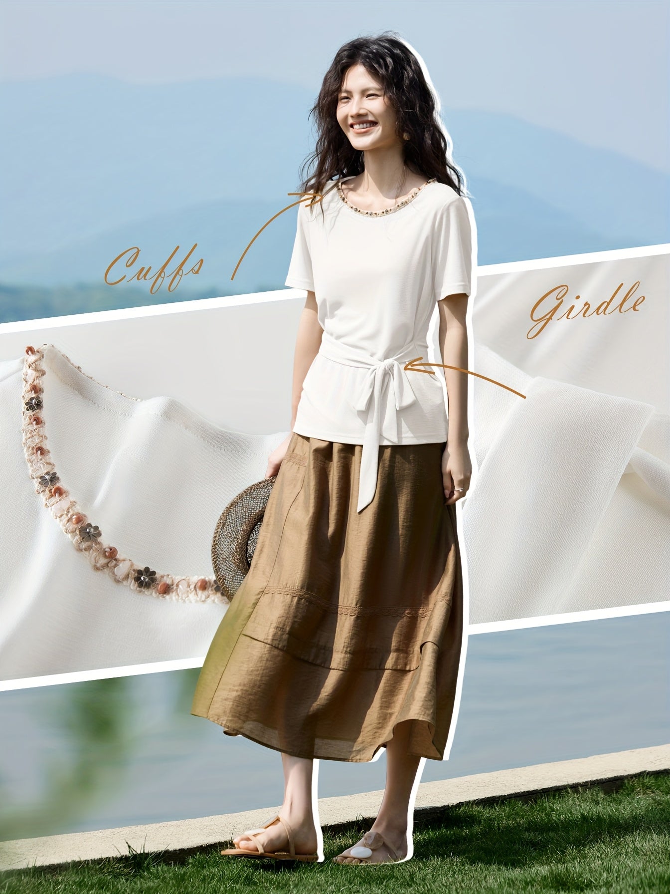 Elegant Waist Tie T-Shirt XWI Women's Elegant Short Sleeve T-Shirt | Spring Summer Casual Top with Waist Tie-Belt Detail, Semi-Sheer Round Neck, H-Line Fit, Machine Washable